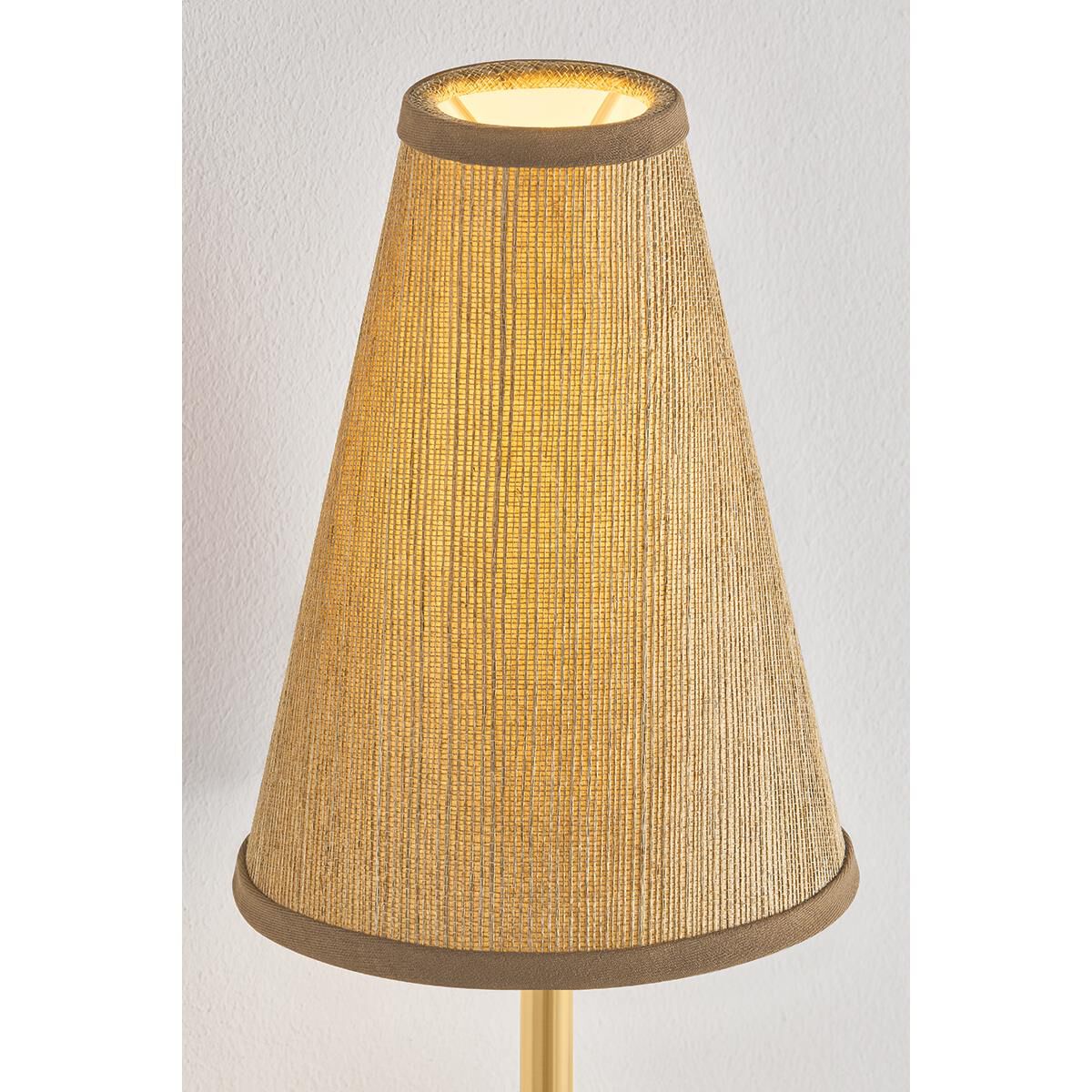 Shown in Aged Brass finish and Natural Woven Natural Grasscloth shade