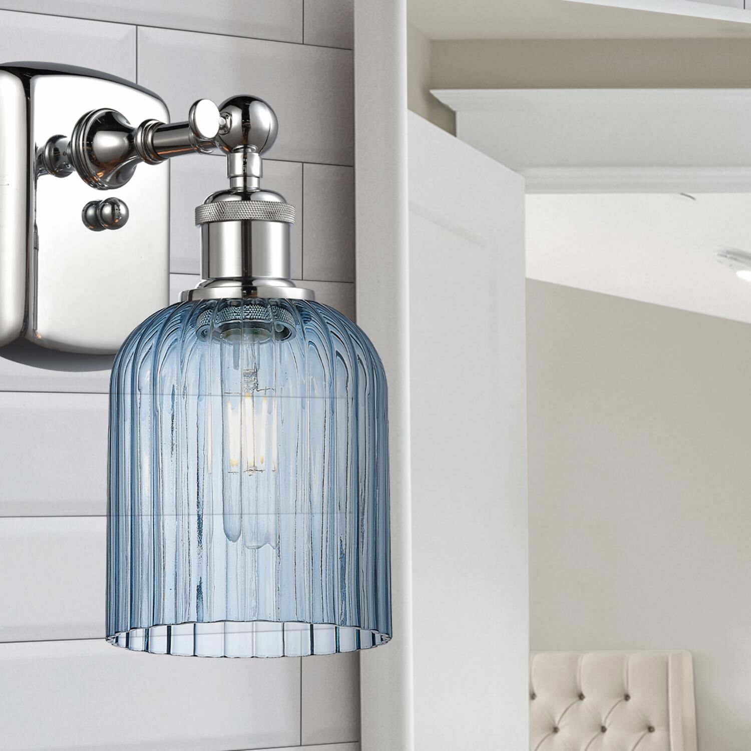 Shown in Polished Chrome finish and Princess Blue glass