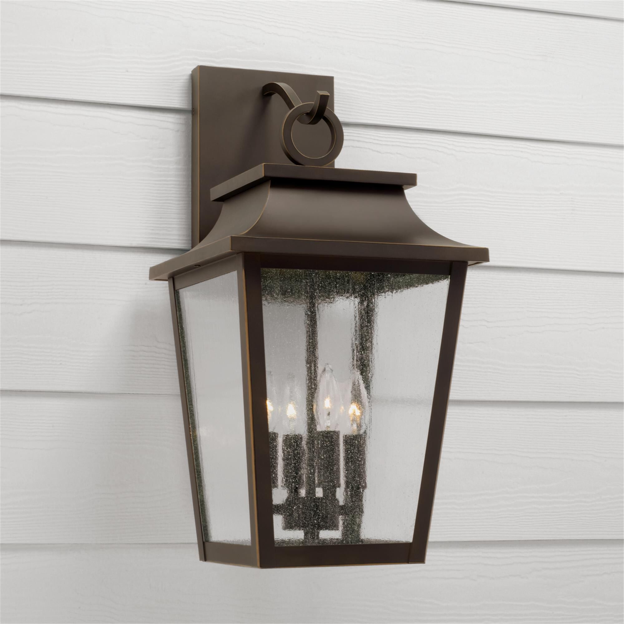 Shown in Oiled Bronze finish and Antiqued glass