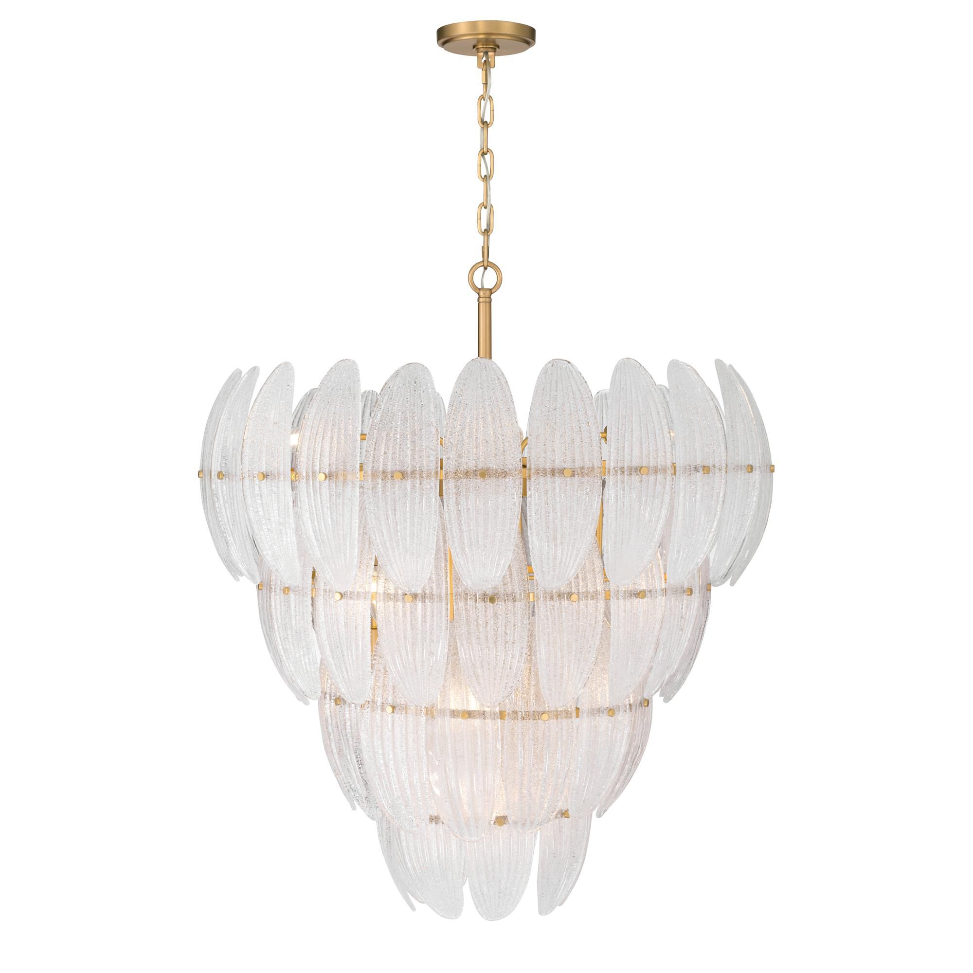Shown in Legacy Brass finish and Clear Textured shade