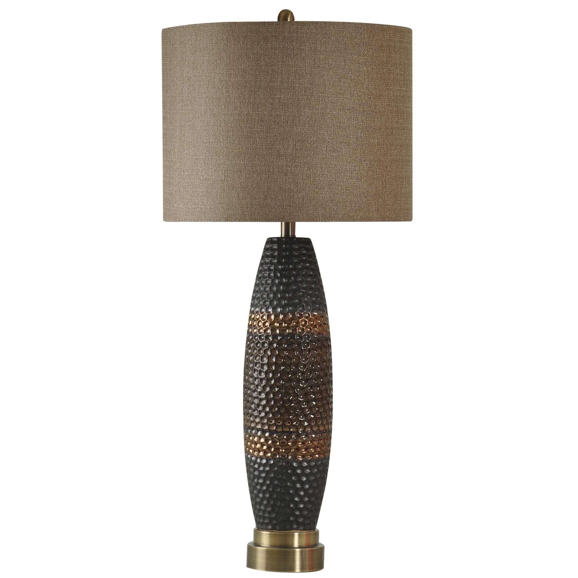 Shown in Gold And Gray finish and Beige Hardback Fabric shade