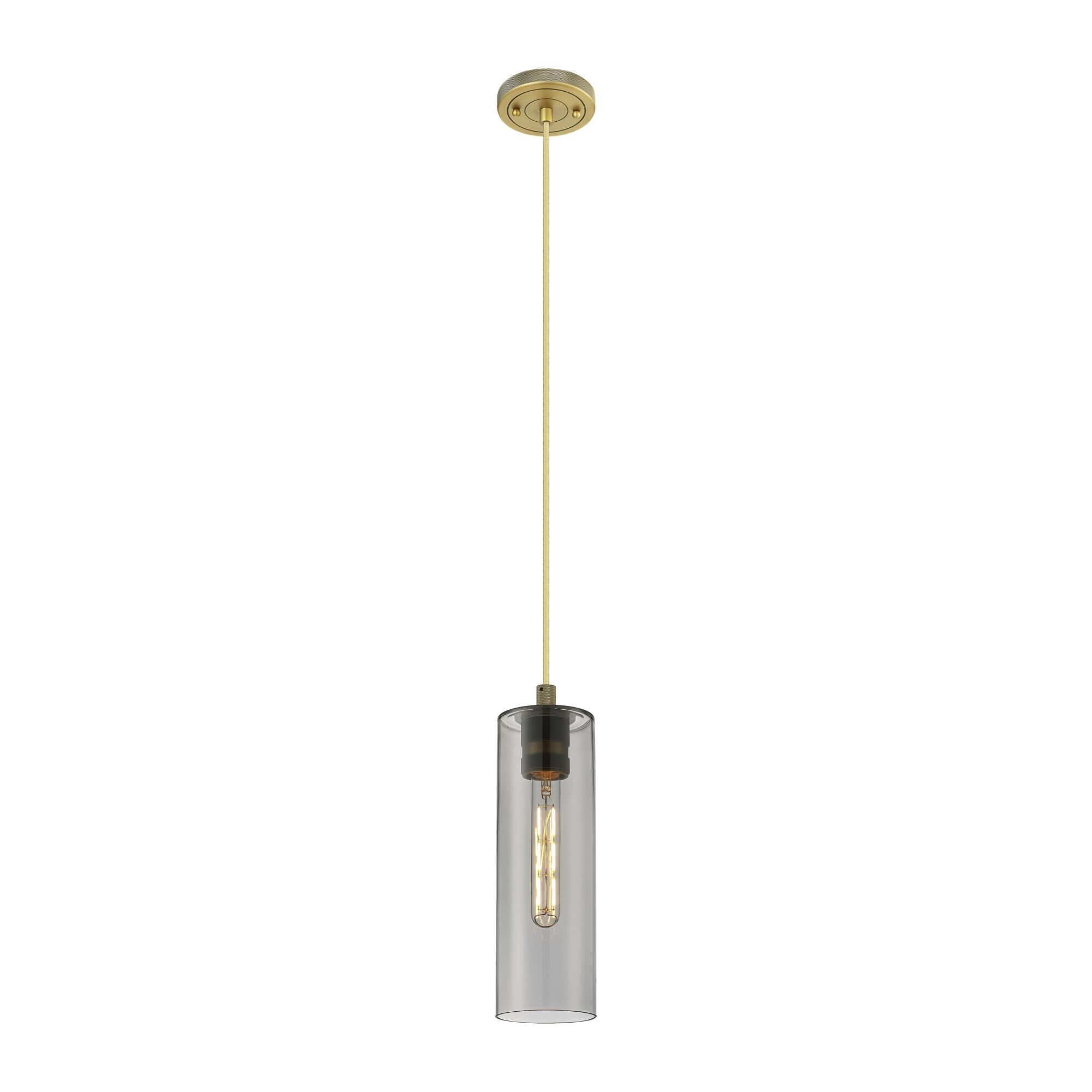 Shown in Brushed Brass finish and Plated Smoke glass and Plated Smoke Glass shade