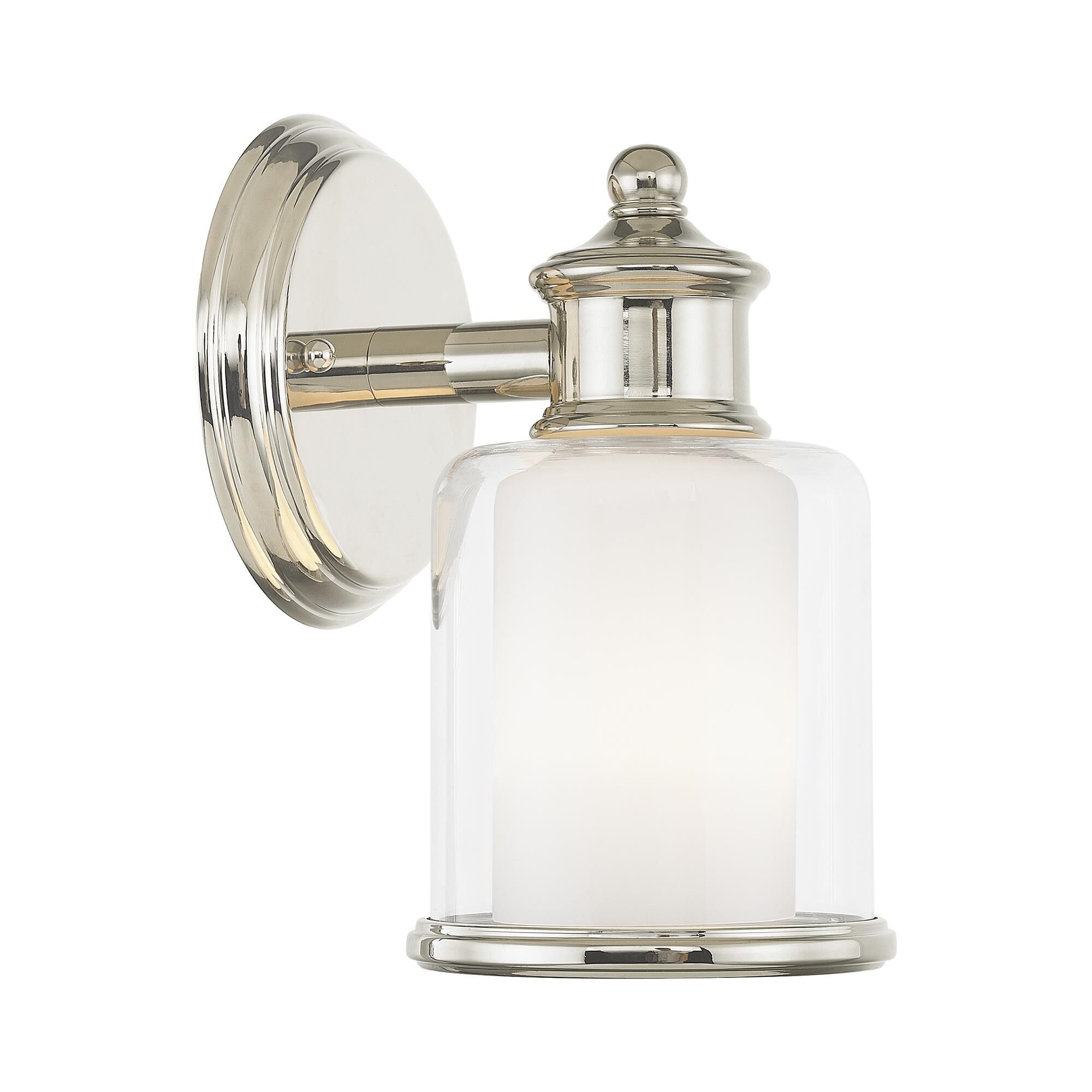 Shown in Polished Nickel finish and Hand Blown Outside Clear & Inside Satin Opal White glass