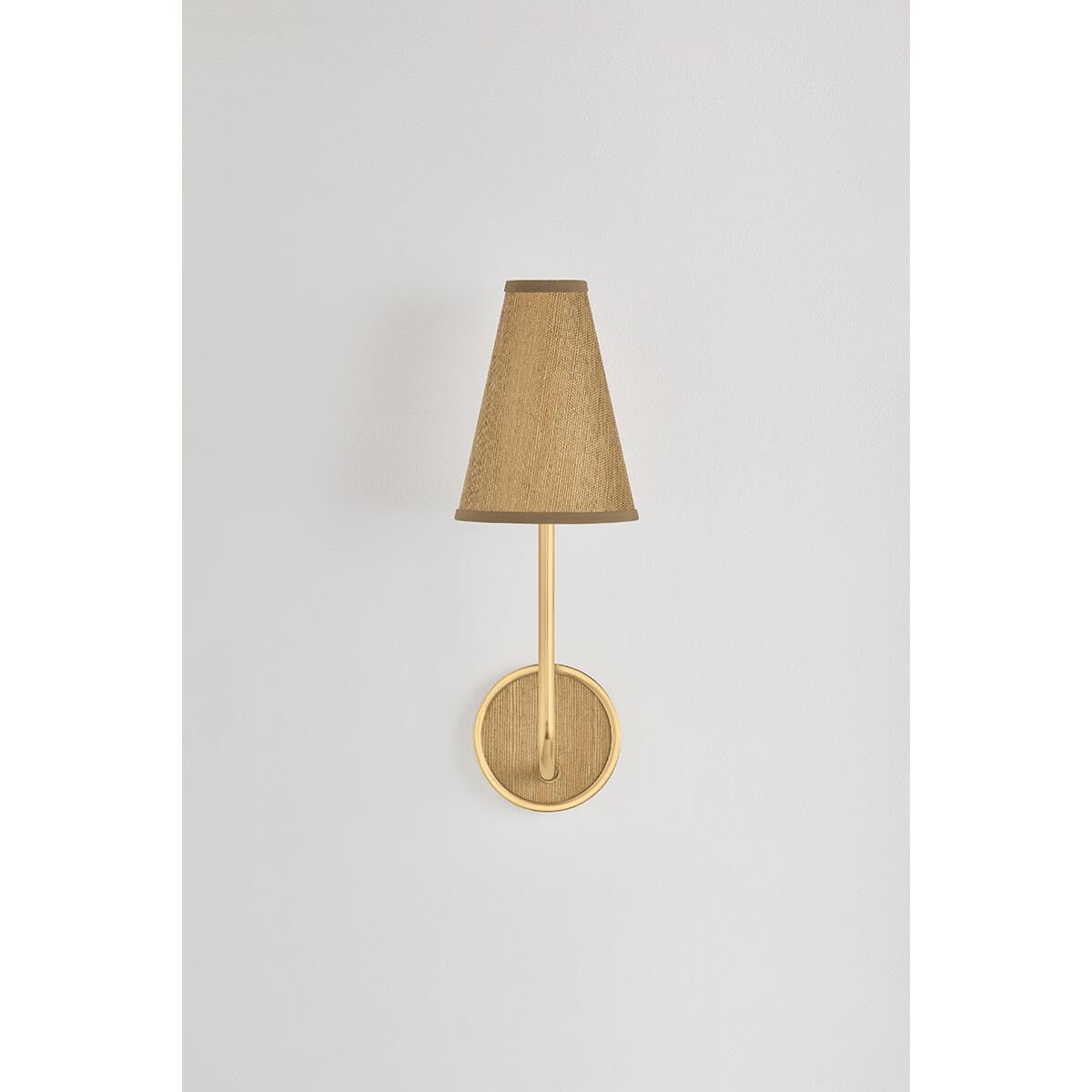 Shown in Aged Brass finish and Natural Woven Natural Grasscloth shade