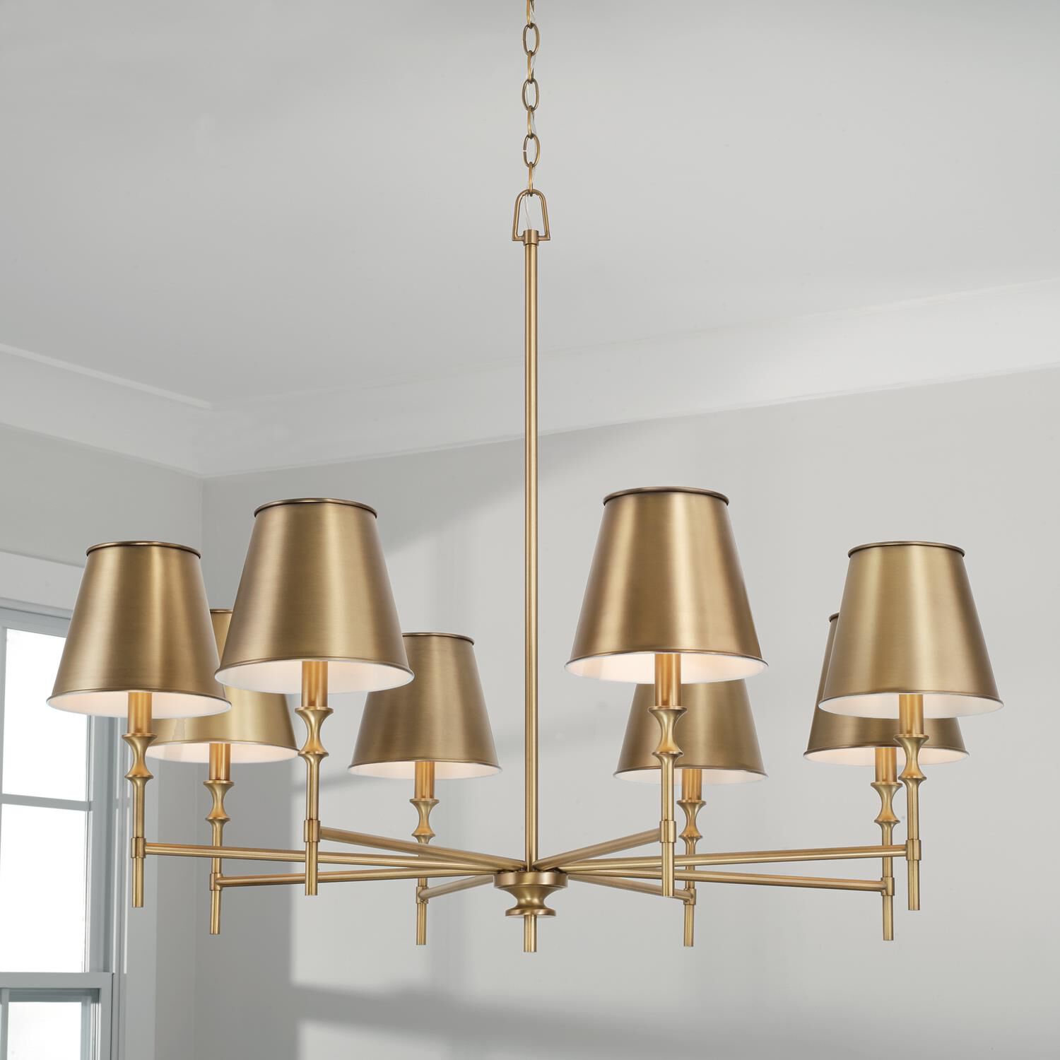 Shown in Aged Brass finish and Aged Brass Metal Stay-Straight  with White Interior shade