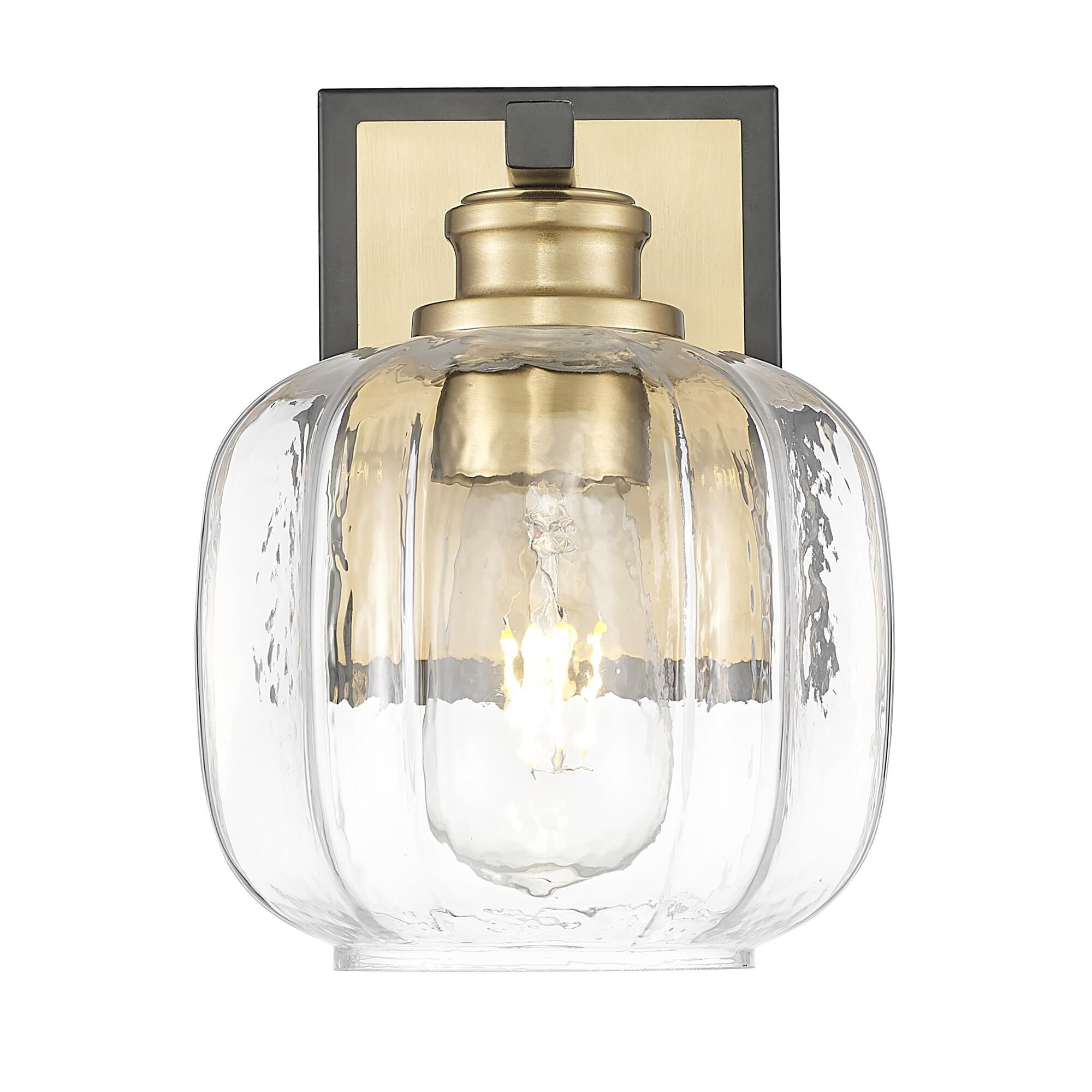 Shown in Matte Black And Brass finish and Clear Glass Globe shade