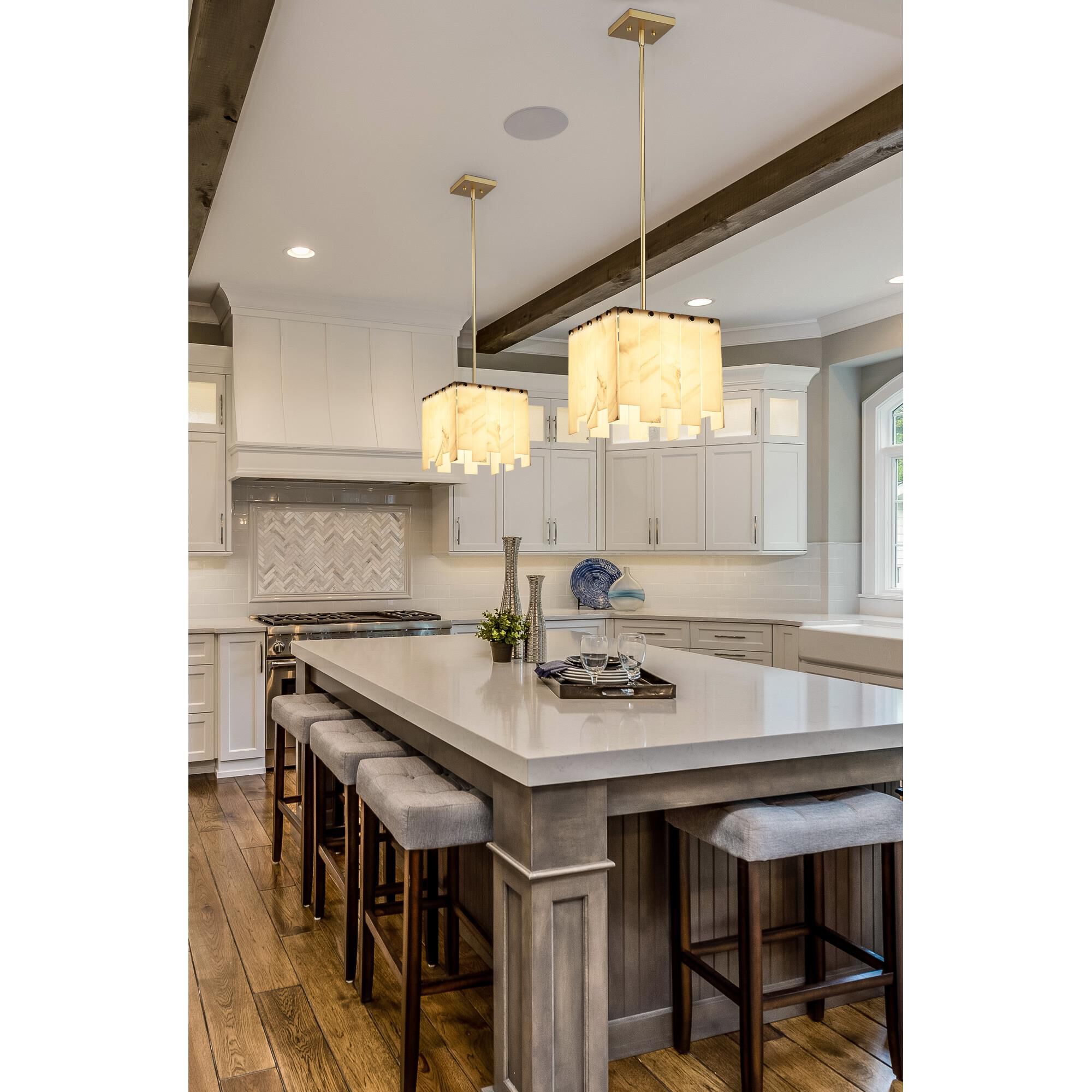 Shown in Rubbed Brass finish and Alabaster Resin shade