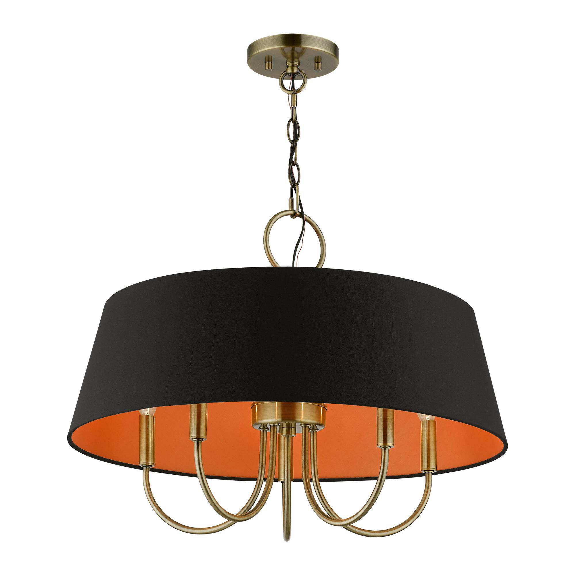 Shown in Antique Brass finish and Black Fabric Hardback with Orange Fabric Inside shade