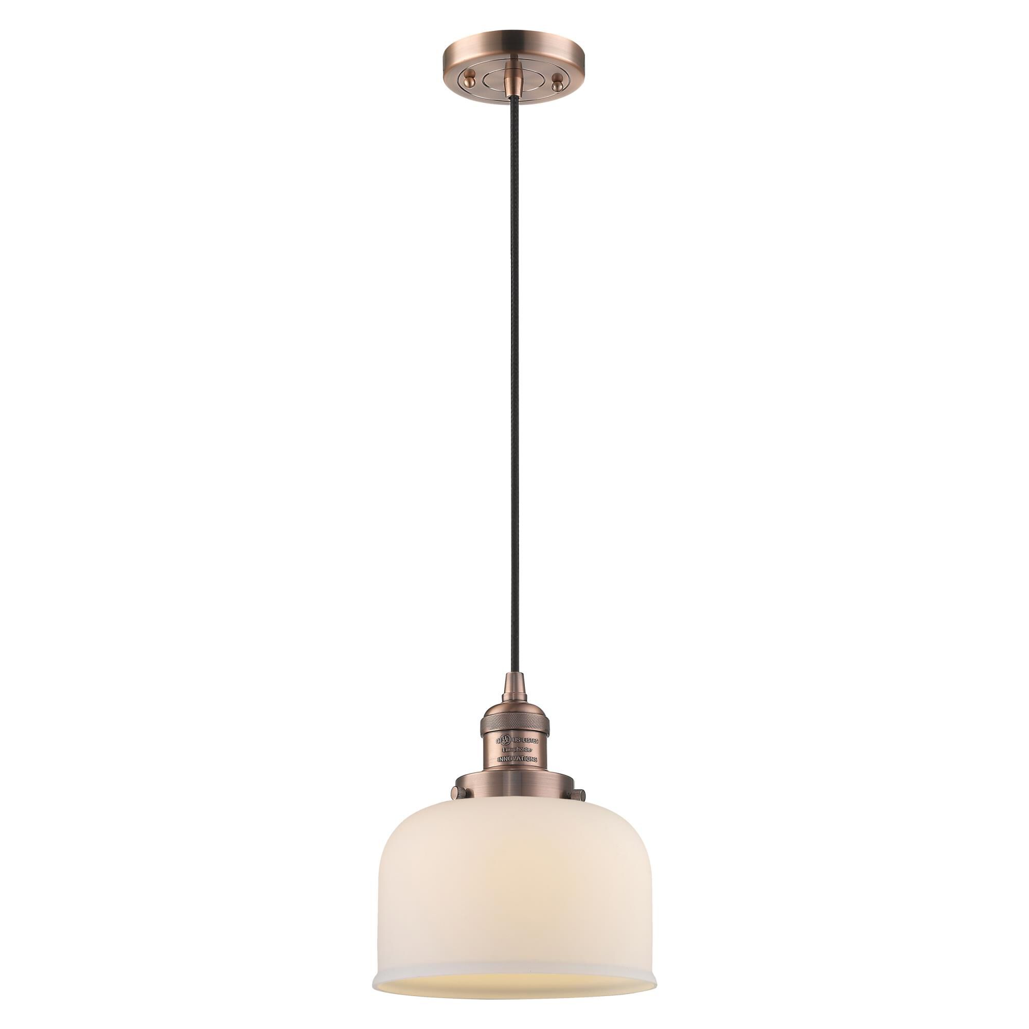 Shown in Antique Copper finish and Matte White Cased glass