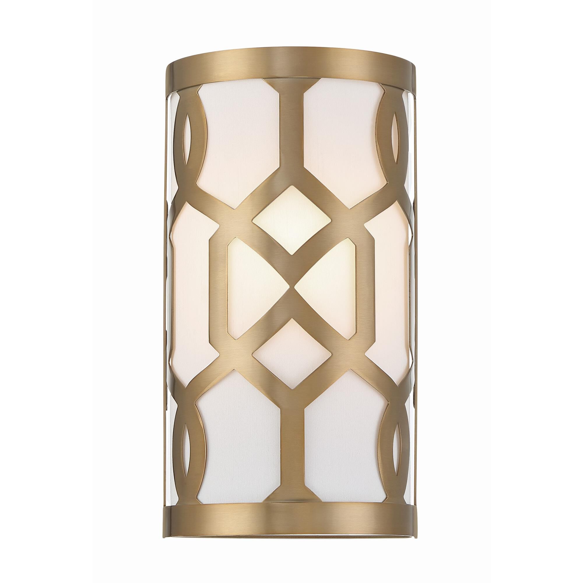 Shown in Aged Brass finish and White Linen glass and White Linen shade