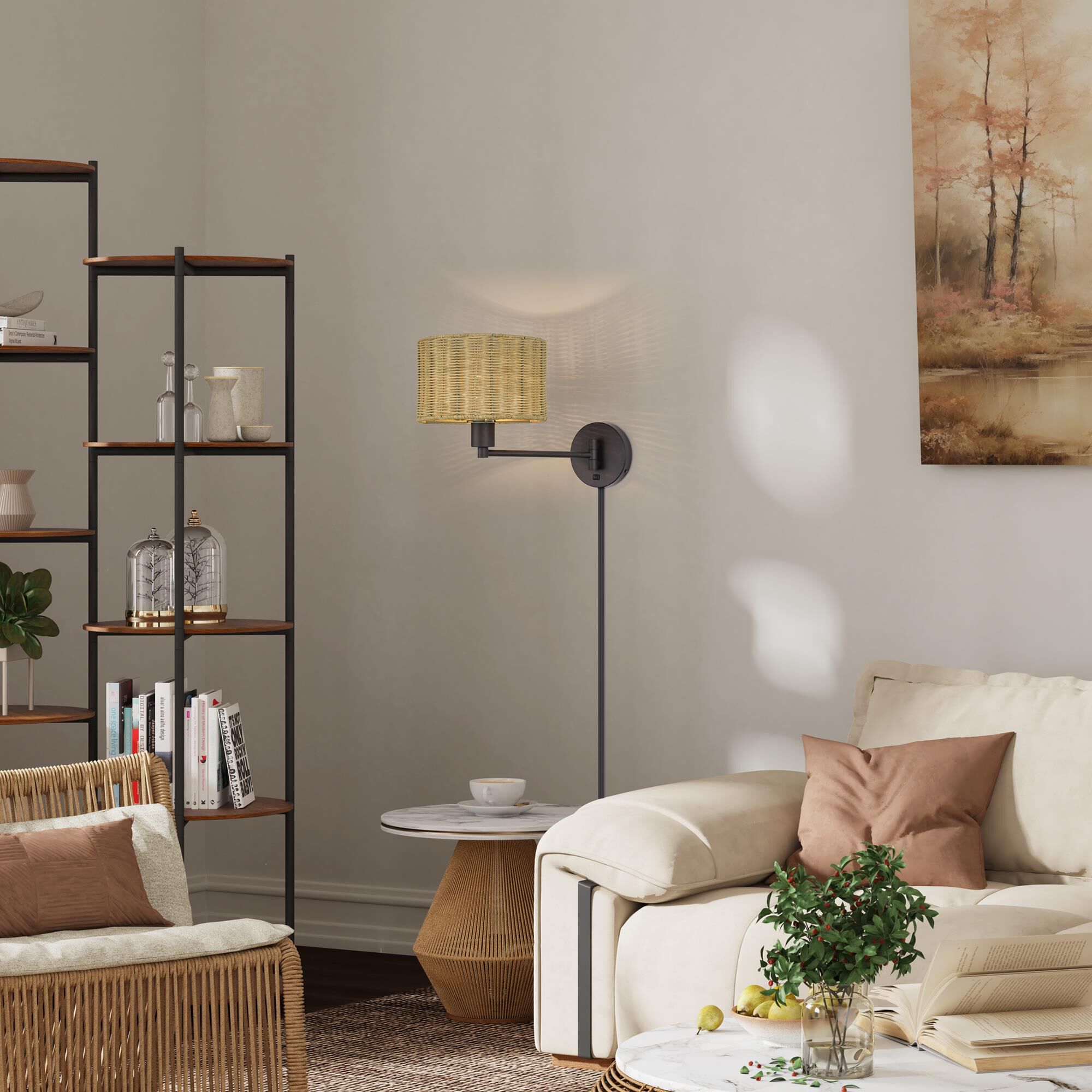 Shown in Bronze finish and Hand-Woven Rustic Walnut Color Rattan shade