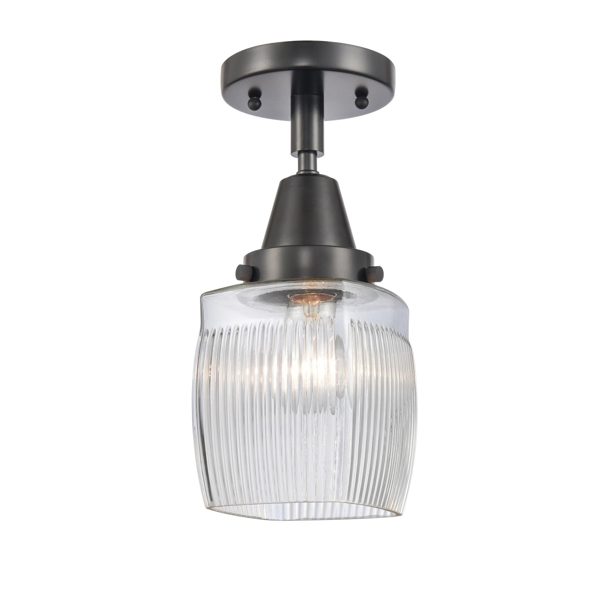 Shown in Matte Black finish and Thick Clear Halophane Colton glass