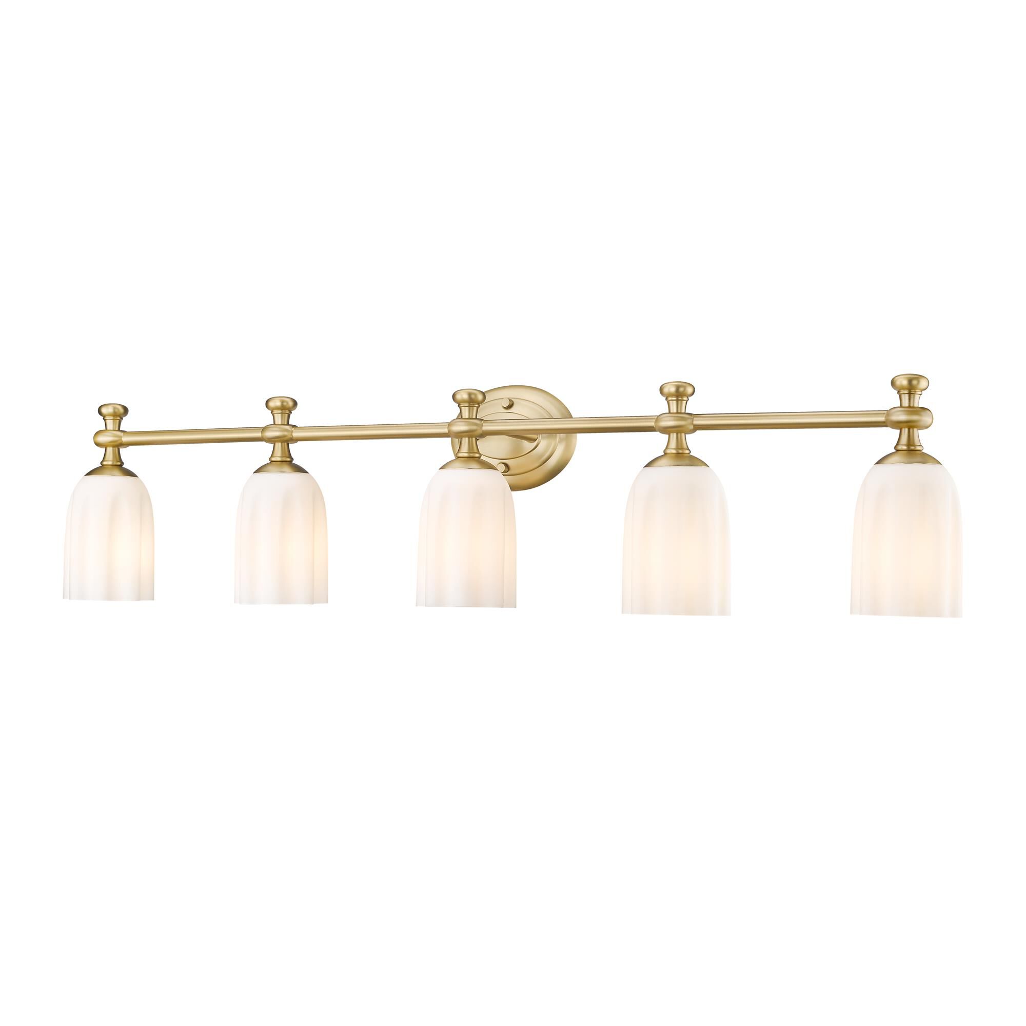 Shown in Modern Gold finish and Opal Etched glass and Opal Etched shade