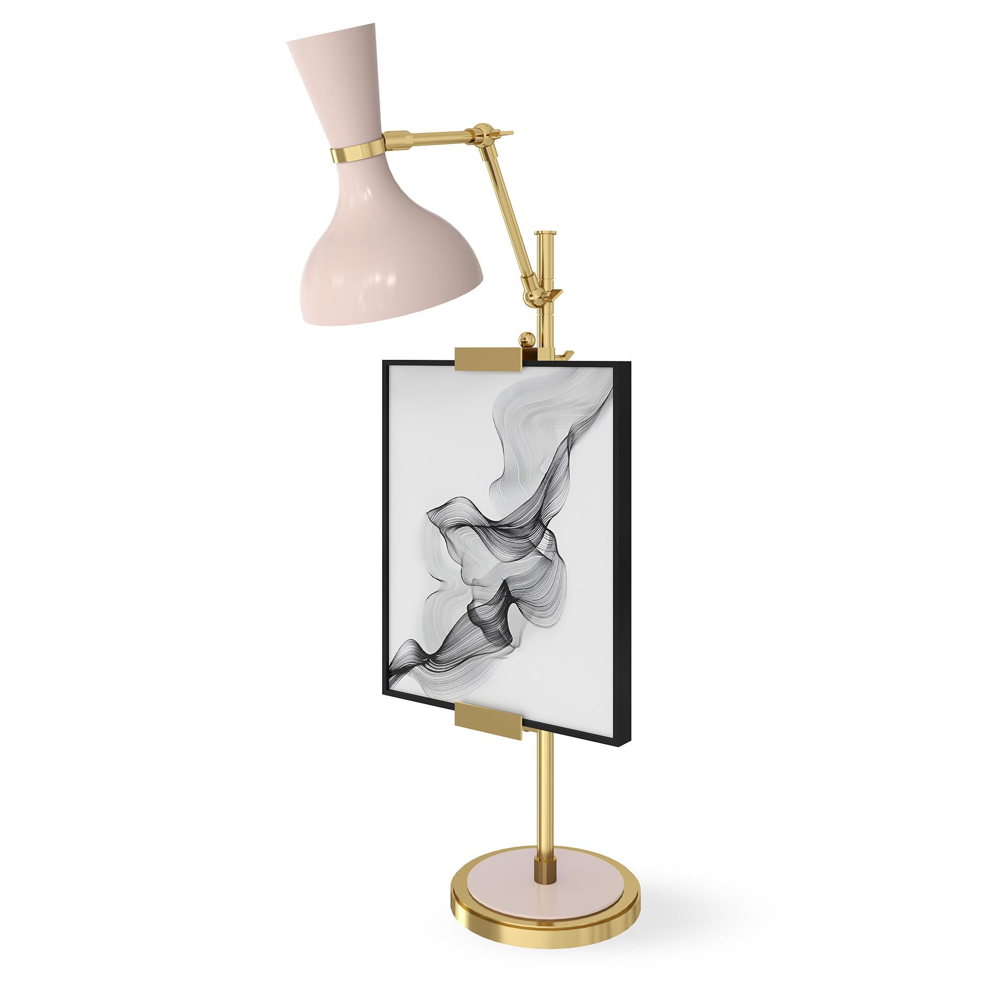 Shown in Modern Brass finish and Rose Water shade