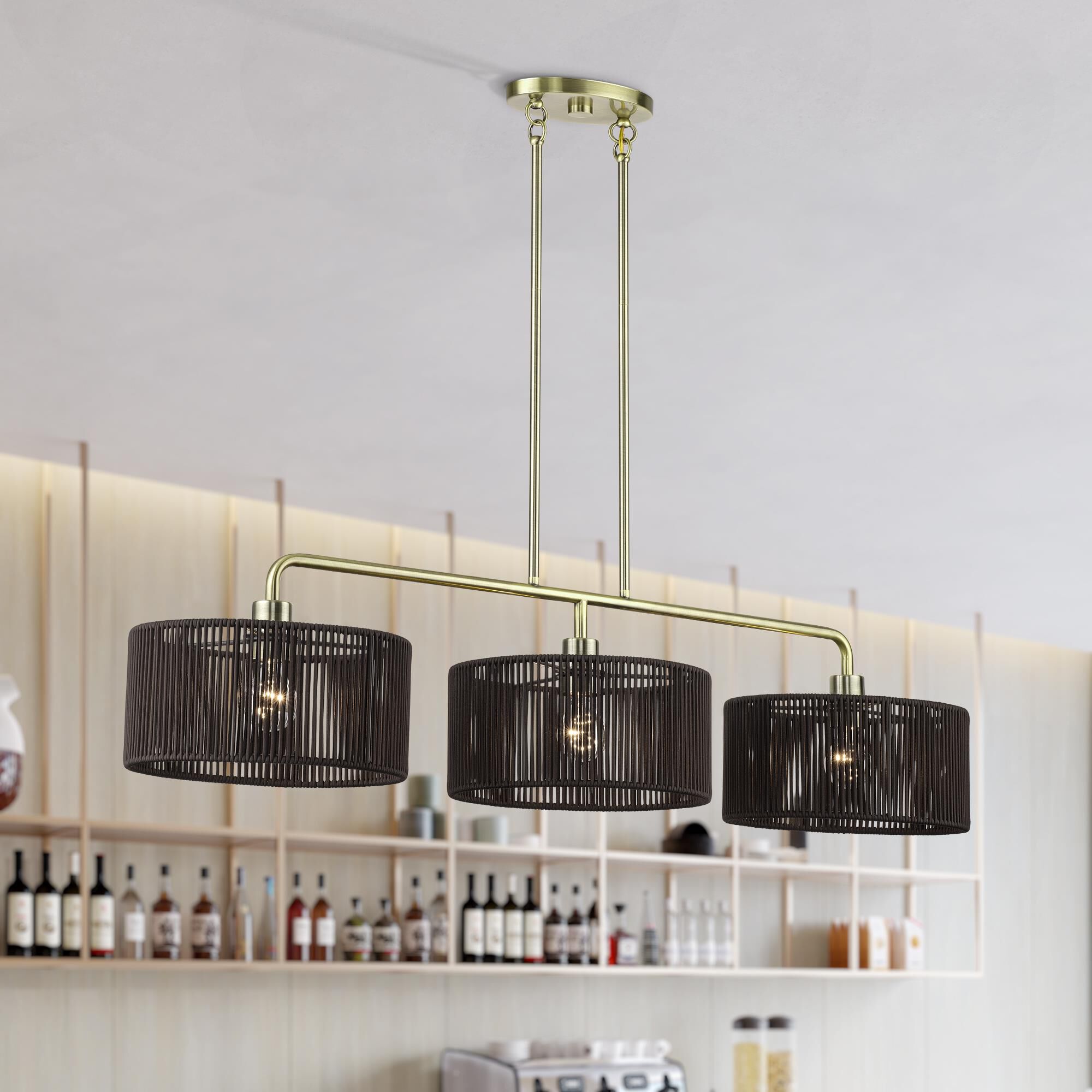 Shown in Antique Brass finish and Hand-Woven Dark Chocolate Color Polyester Rope shade