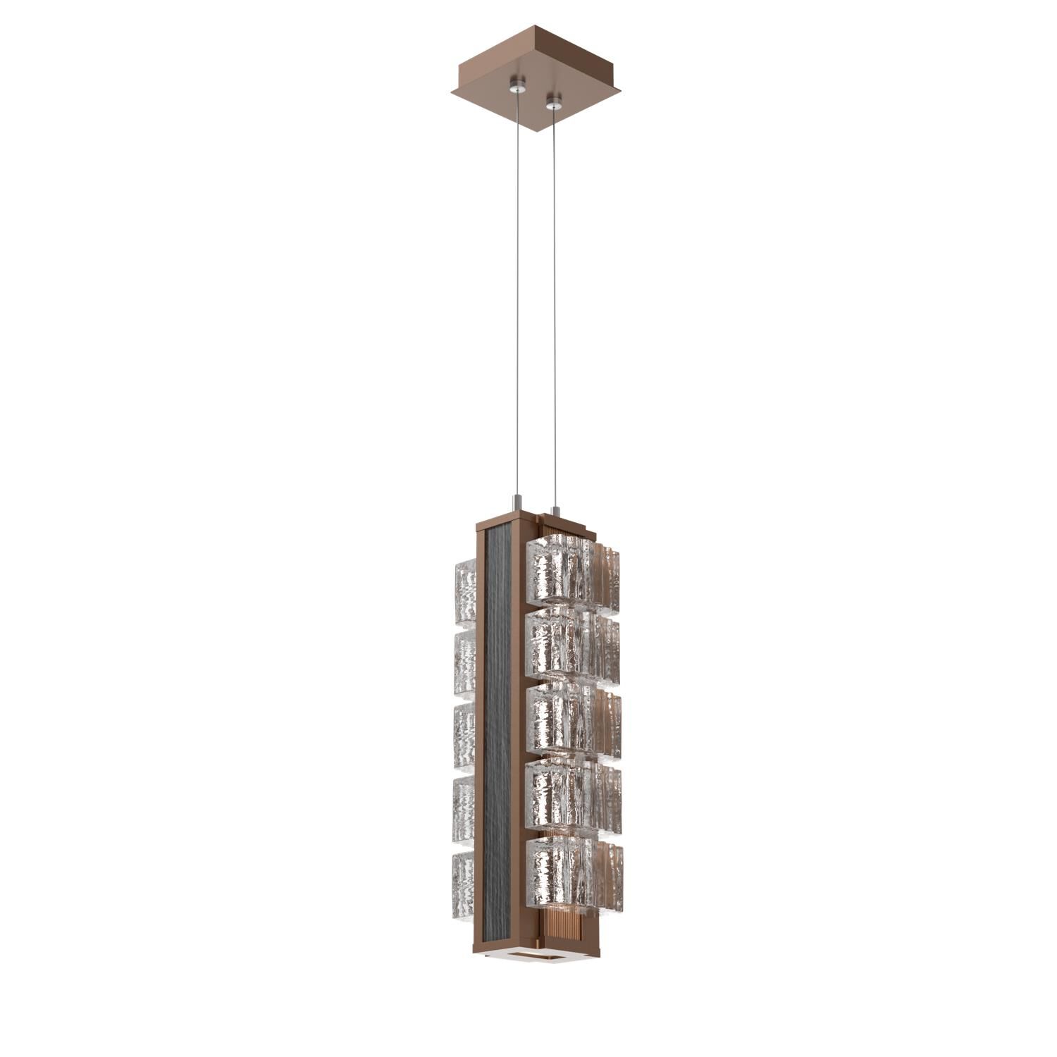 Shown in Burnished Bronze finish and Clear Ribbed glass and Dark Oak accent