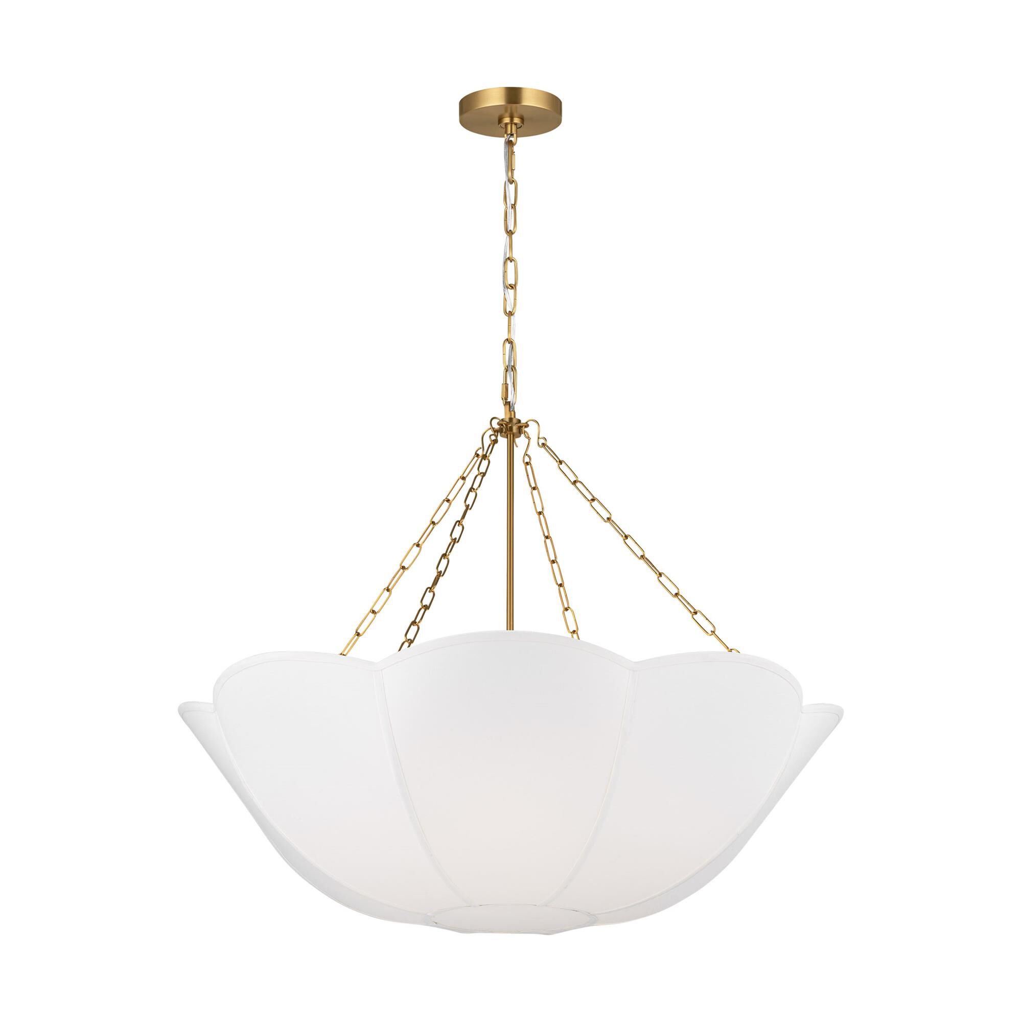 Shown in Burnished Brass finish and White Linen shade