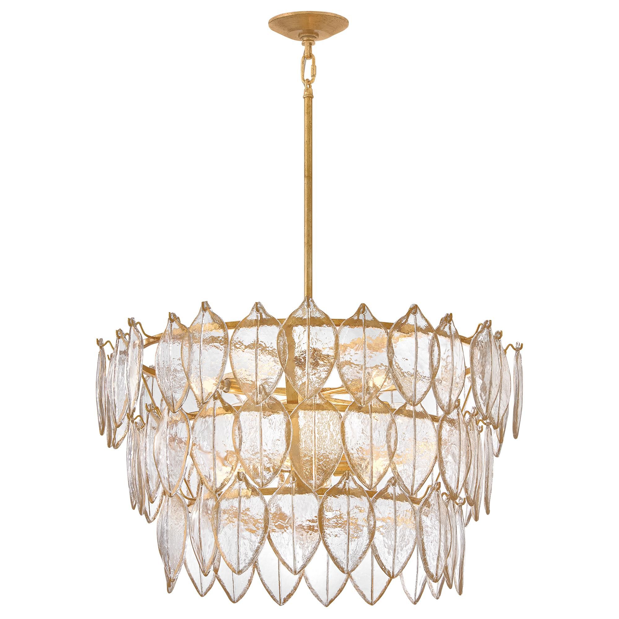 Shown in Distressed Brass finish and Clear Pressed glass