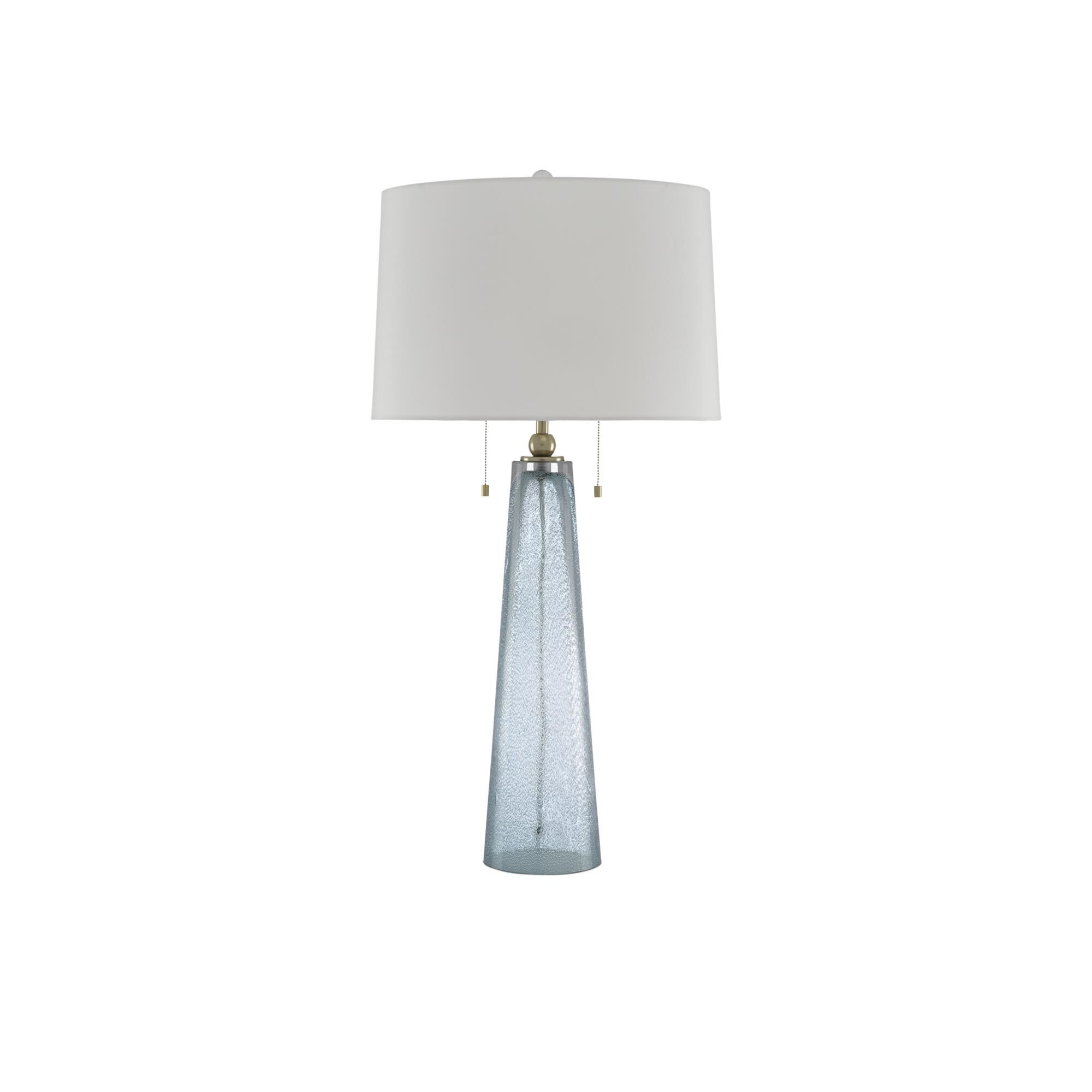 Shown in Blue - Brass finish and Off White Shantung shade