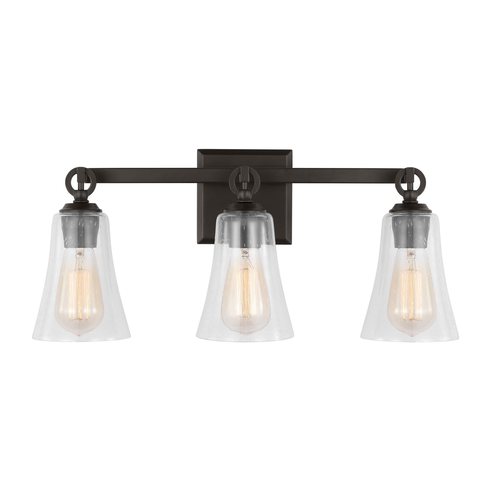 Shown in Aged Iron finish and Clear Seeded glass
