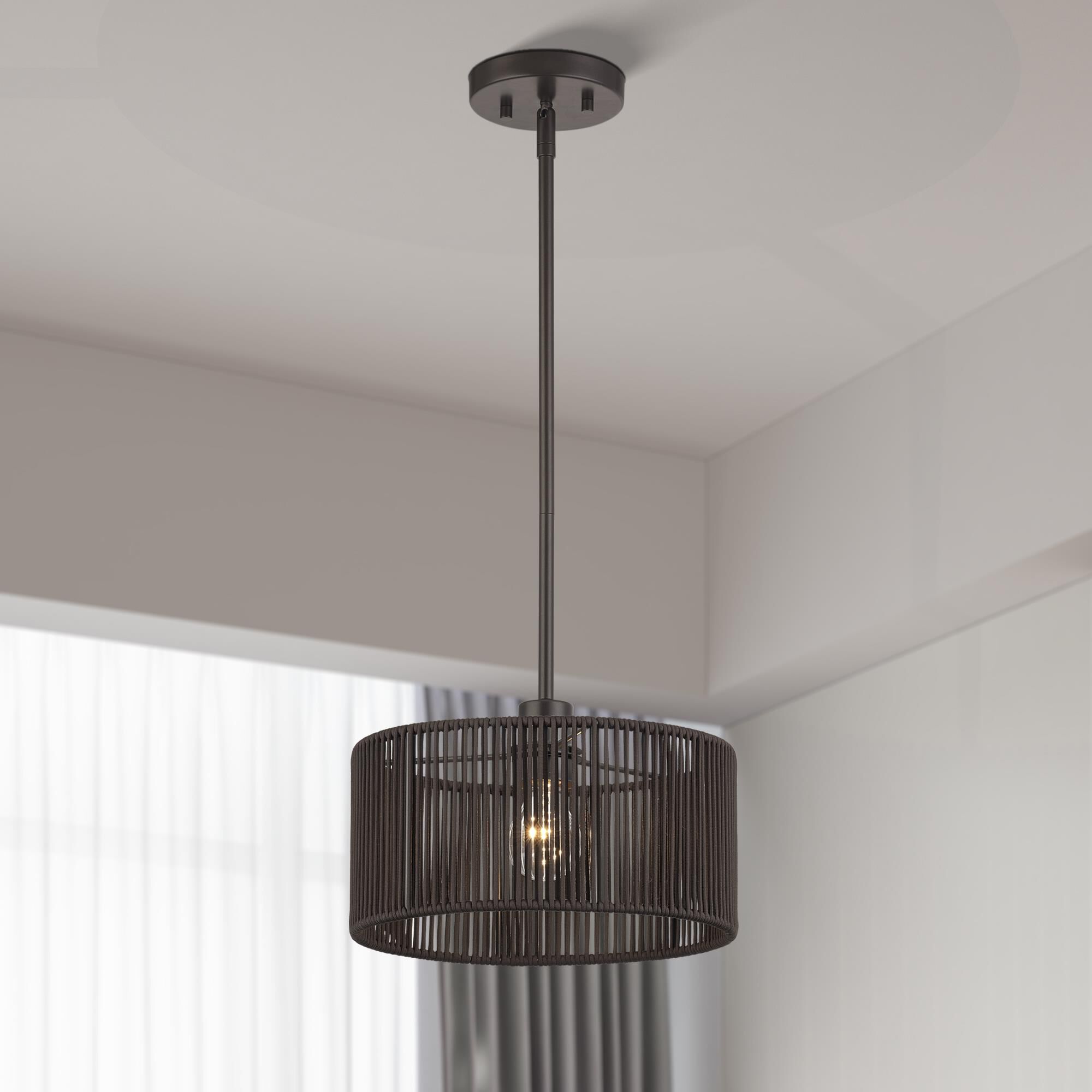 Shown in English Bronze finish and Hand-Woven Dark Chocolate Color Polyester Rope shade