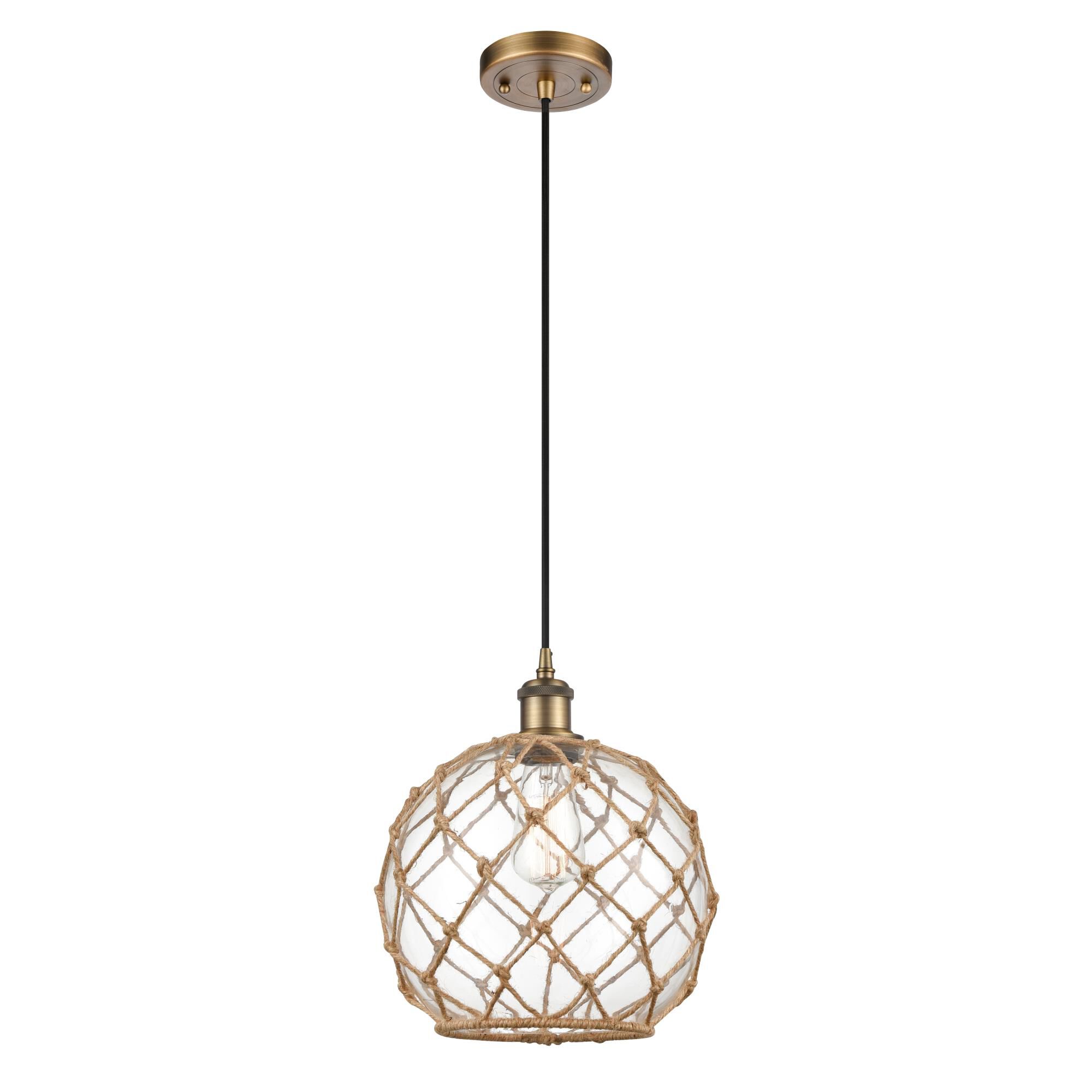 Shown in Brushed Brass finish and Clear Large Farmhousewith Brown Rope glass