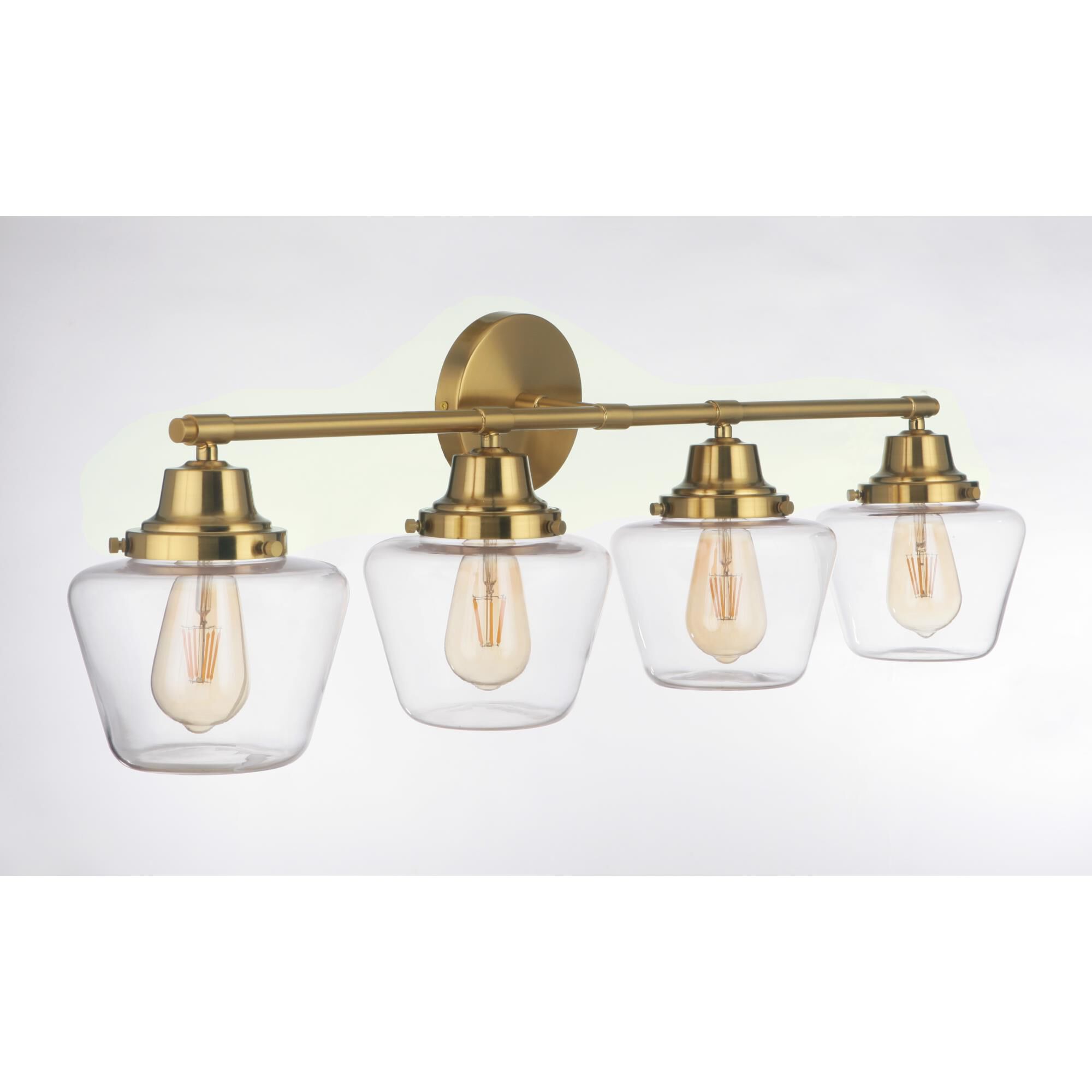 Shown in Satin Brass finish and Clear glass and Glass shade