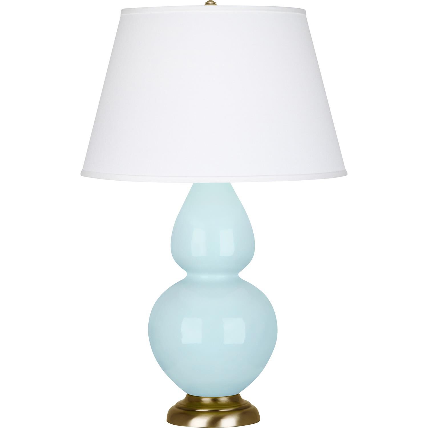 Shown in Baby Blue Glazed Ceramic With Antique Natural Brass ed Accents finish and Pearl Dupioni Fabric shade