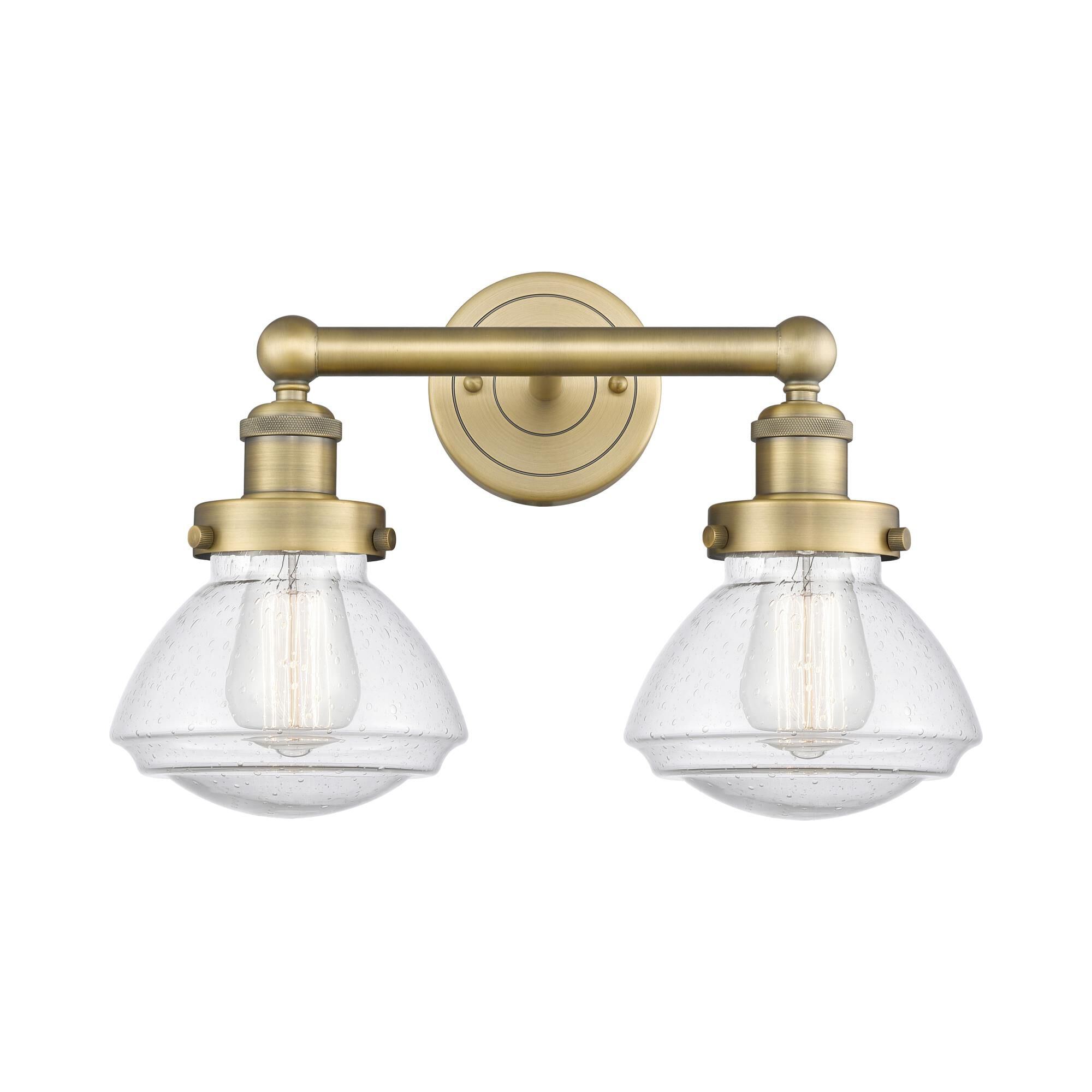 Shown in Brushed Brass finish and Seedy glass