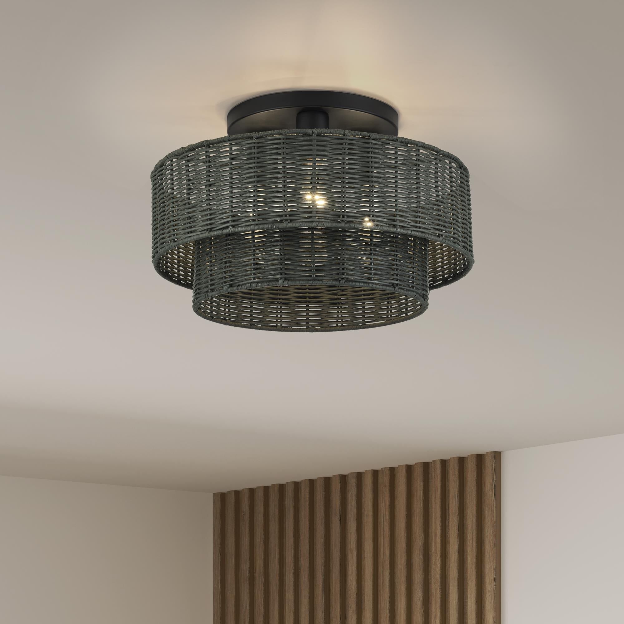 Shown in Black finish and Hand-Woven Charred Gray Color Rattan shade