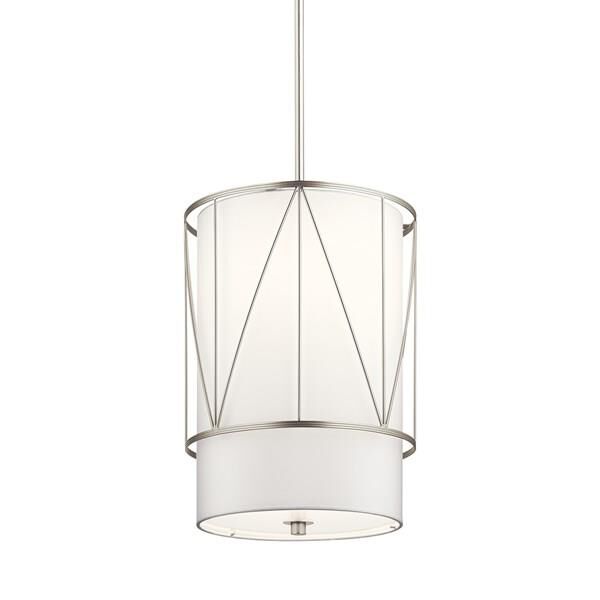 Shown in Satin Nickel finish and Satin Etched glass and White Fabric shade
