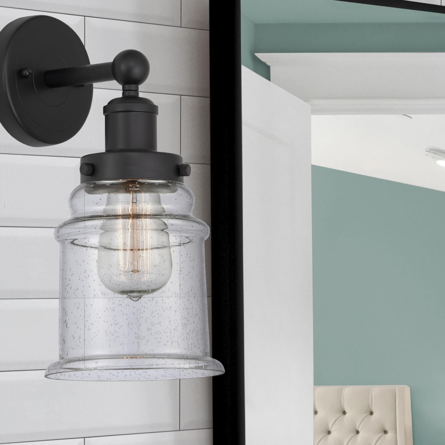 Shown in Matte Black  finish and Seedy glass