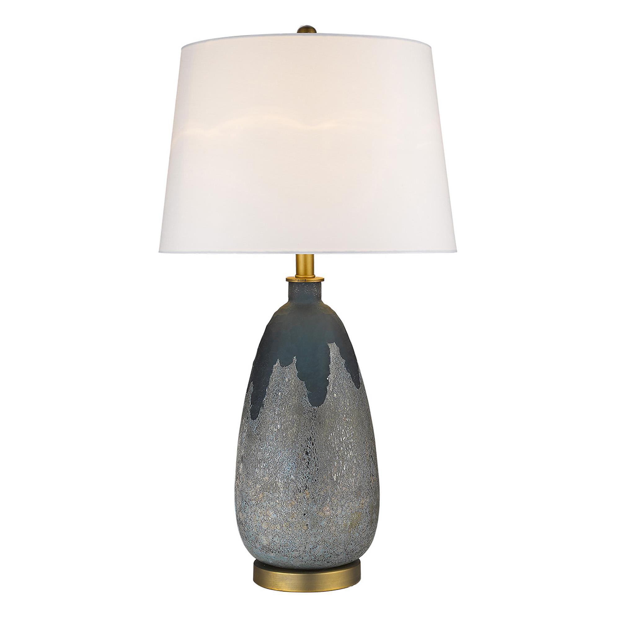 Shown in Brass finish and Cream glass and Cream Linen Tapered Drum shade