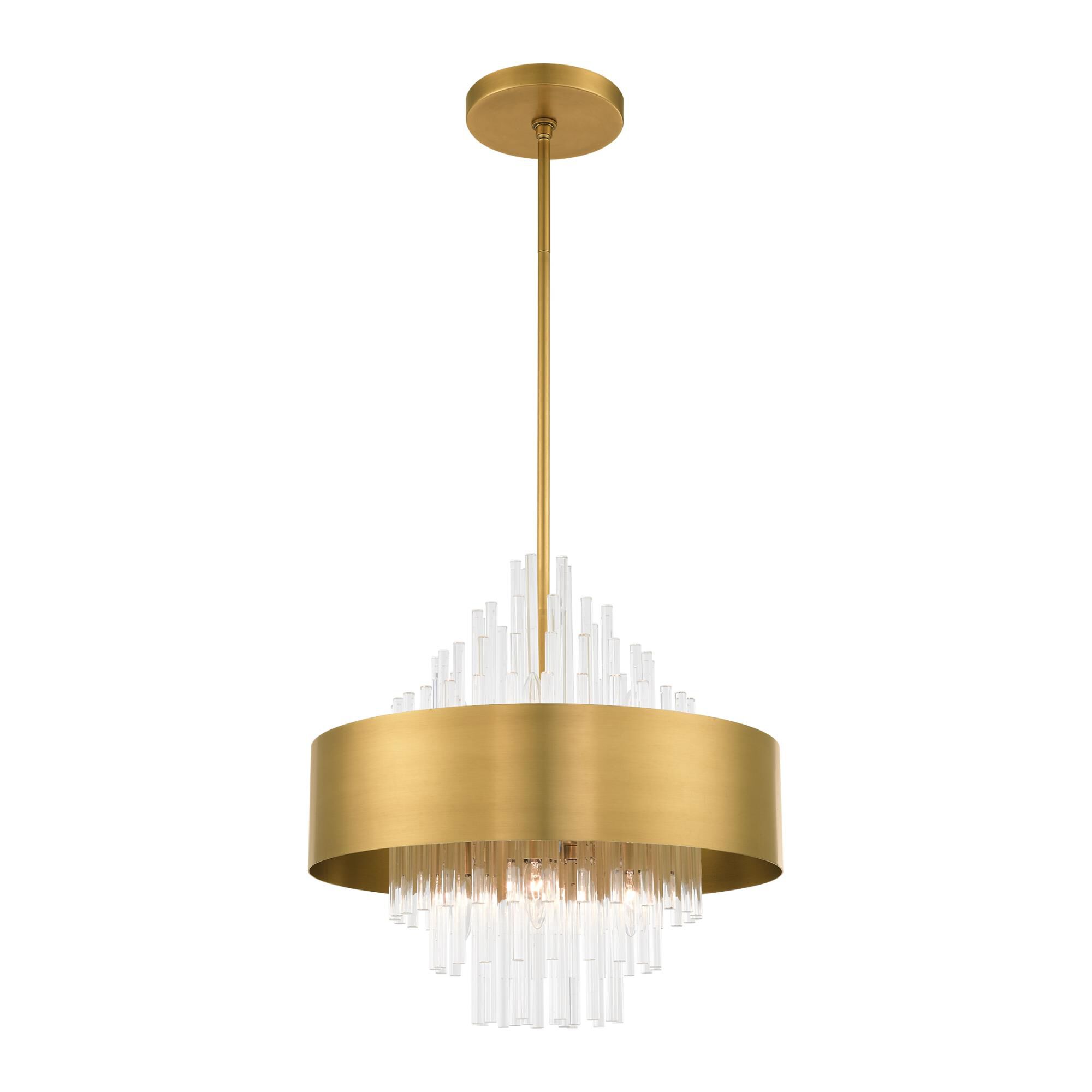 Shown in Natural Brass finish and Natural Brass Drum Shade With Clear Crystal Rods glass and Natural Brass Drum  With Clear Crystal Rods shade