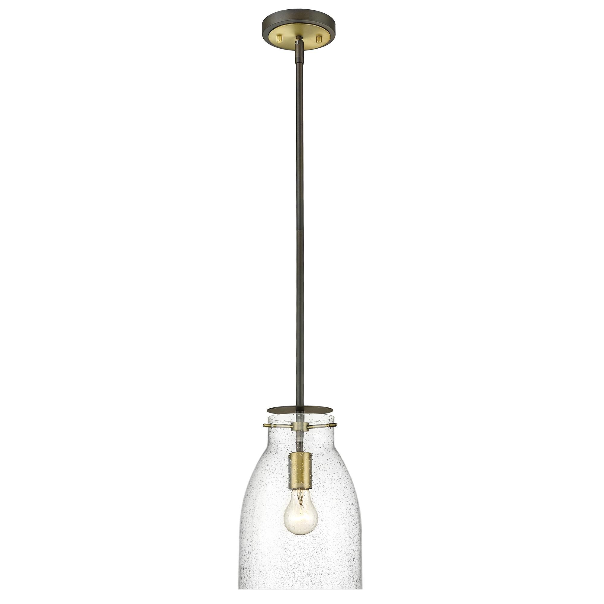 Shown in Oil Rubbed Bronze And Antique Brass finish and Clear Seedy Glass shade