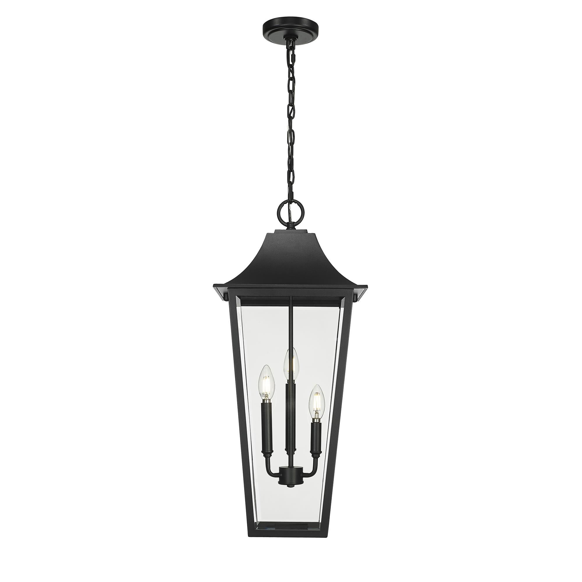 Shown in Black finish and Clear Beveled glass and Clear Beveled shade