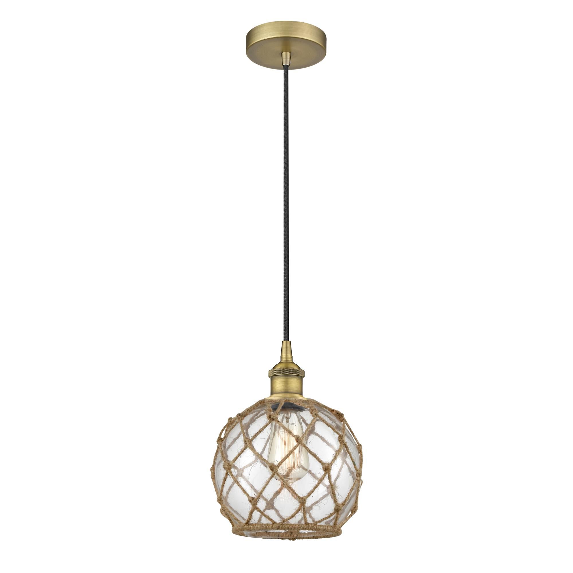 Shown in Brushed Brass finish and Clear Farmhouse With Brown Rope glass