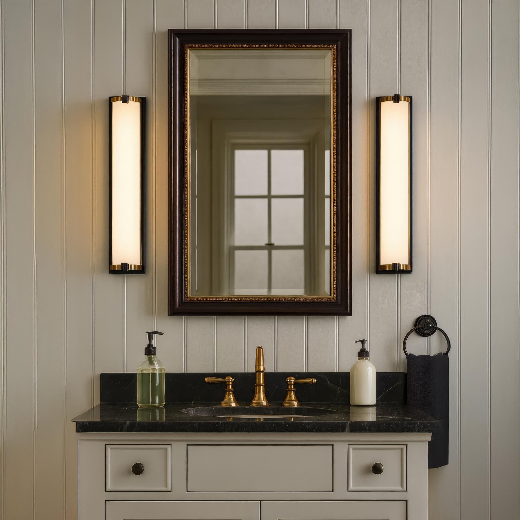 Shown in Black and Brass finish and Opal White glass