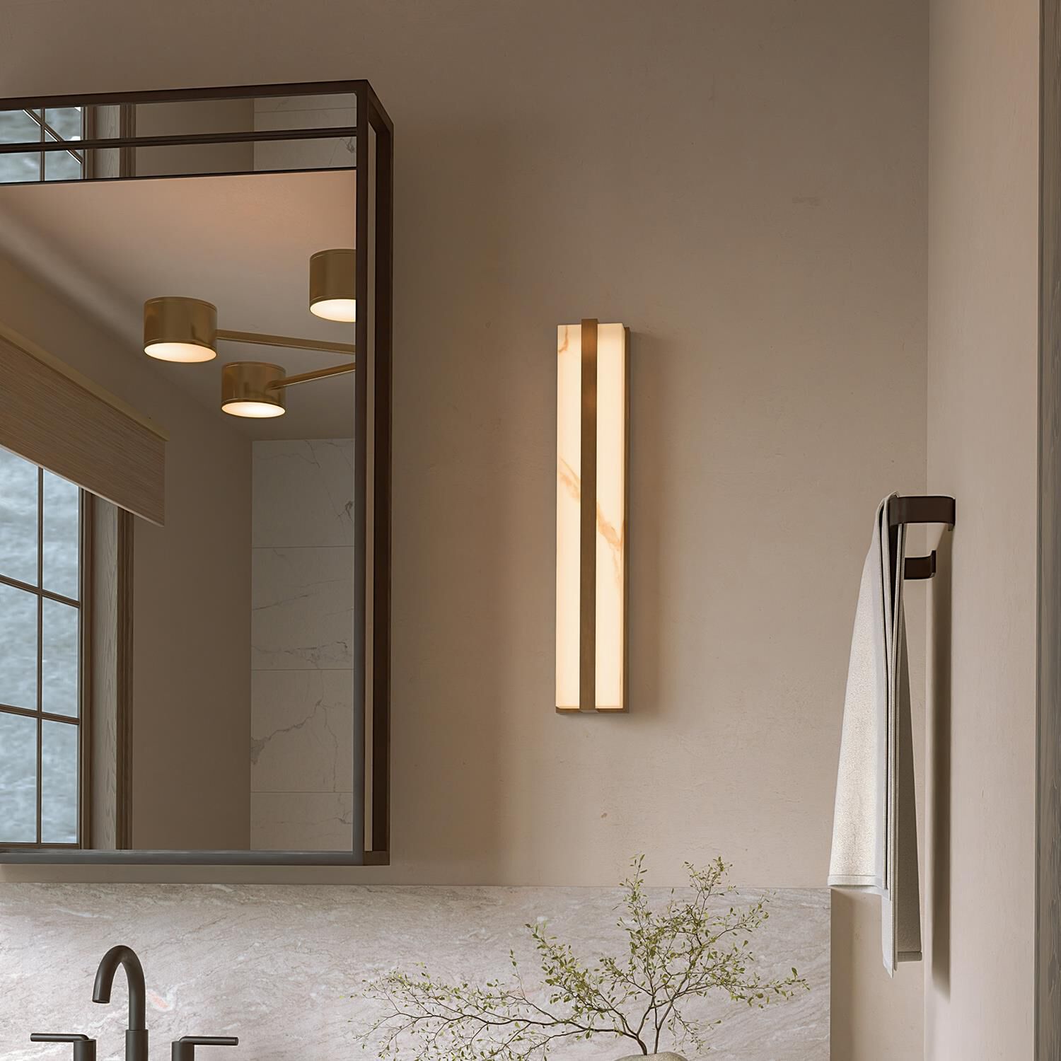 Shown in Aged Brass finish and Alabaster glass