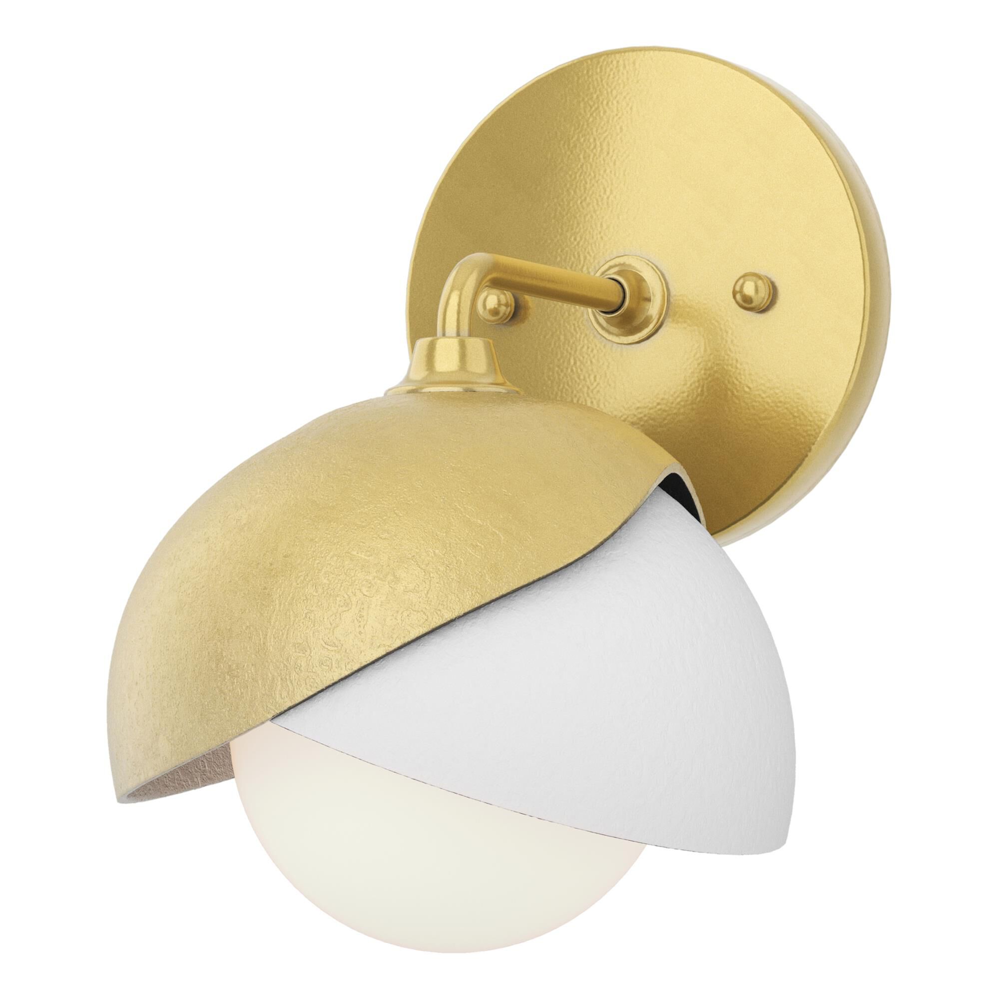 Shown in Modern Brass finish and Opal glass and White accent
