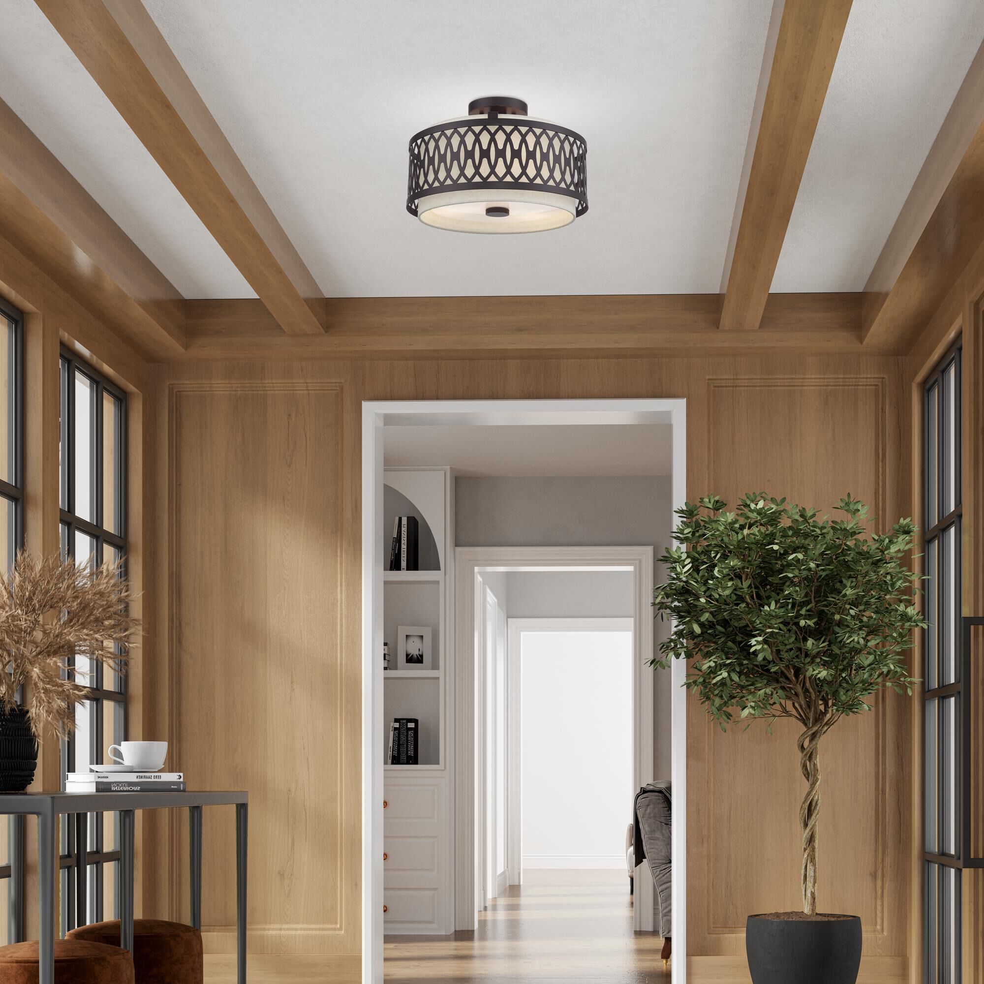 Shown in English Bronze finish and Hand Crafted Oatmeal Color Hardback shade