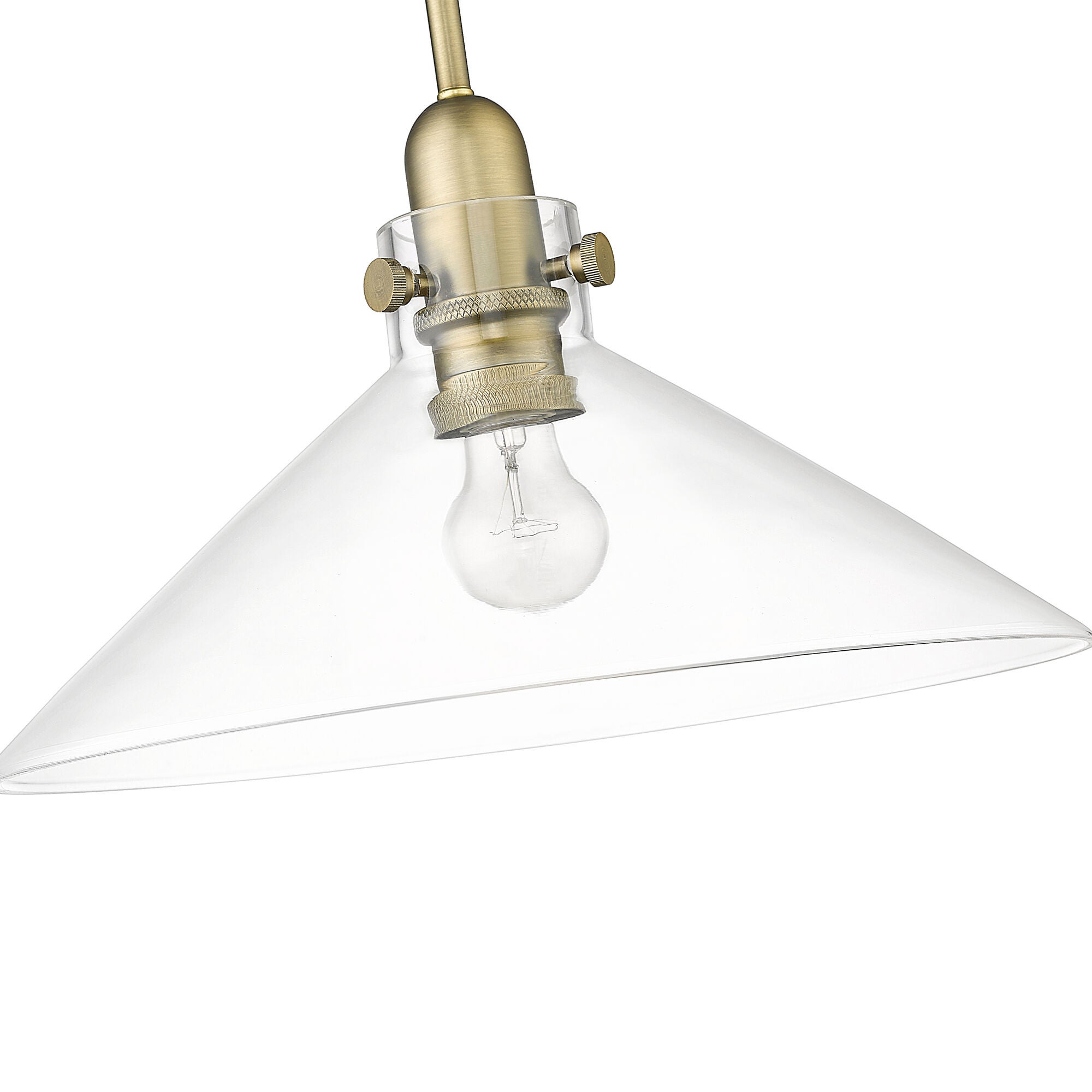 Shown in Antique Brass finish and Clear Glass shade