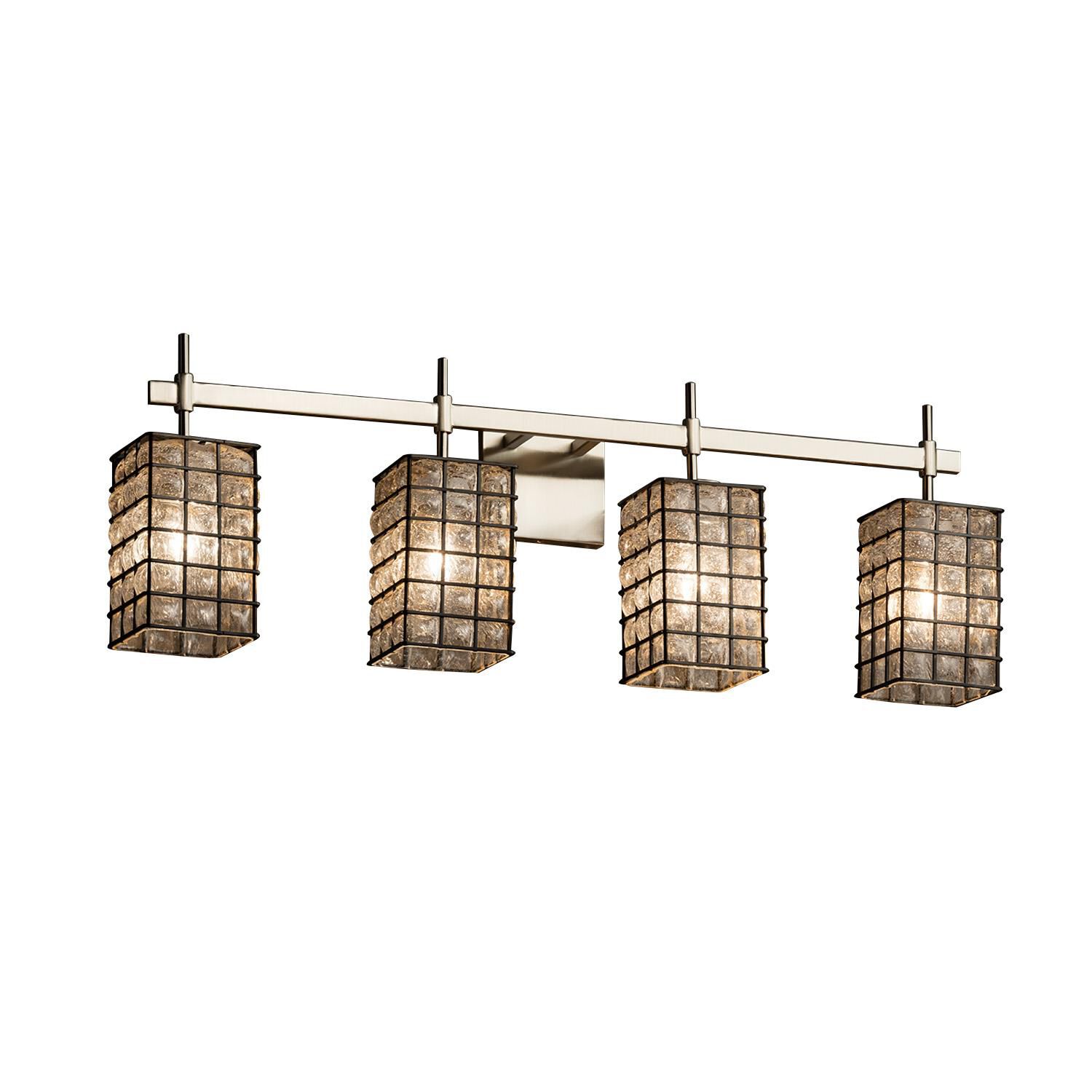 Shown in Brushed Nickel finish and Grid with Clear Bubbles glass and Square with Flat Rim accent