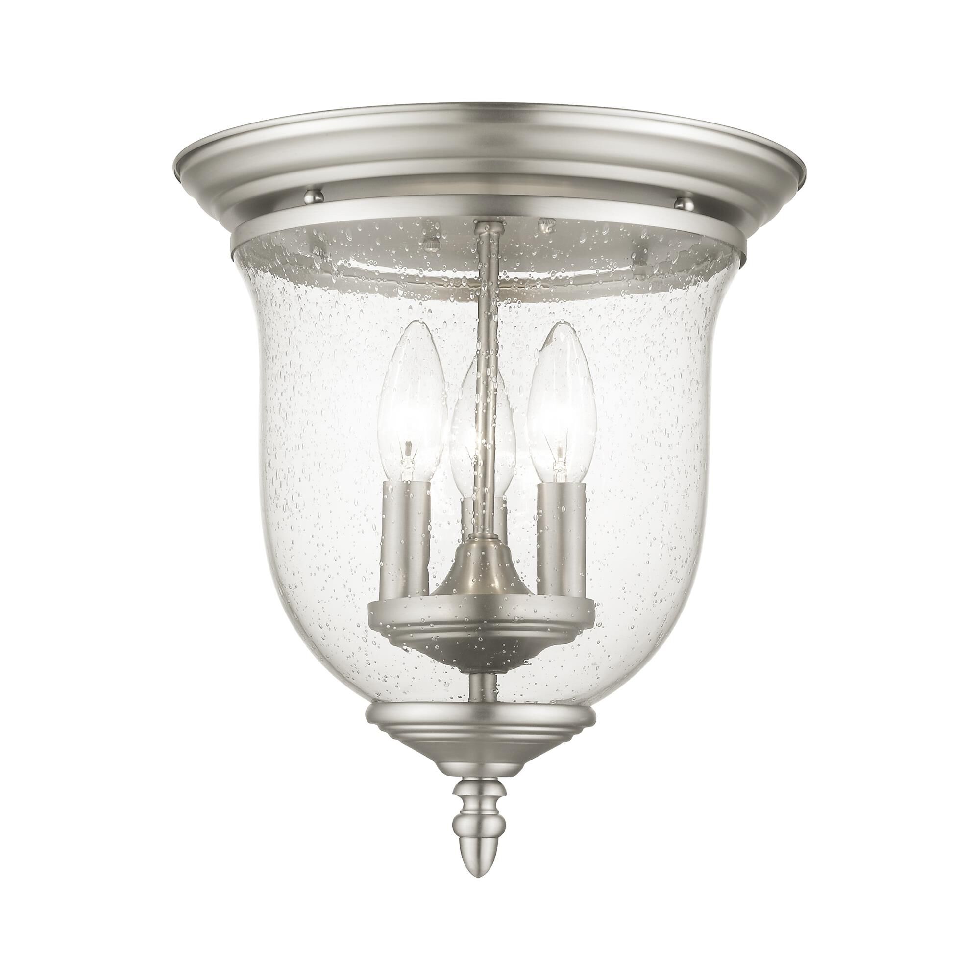 Shown in Brushed Nickel finish and Hand Blown Clear Seeded glass