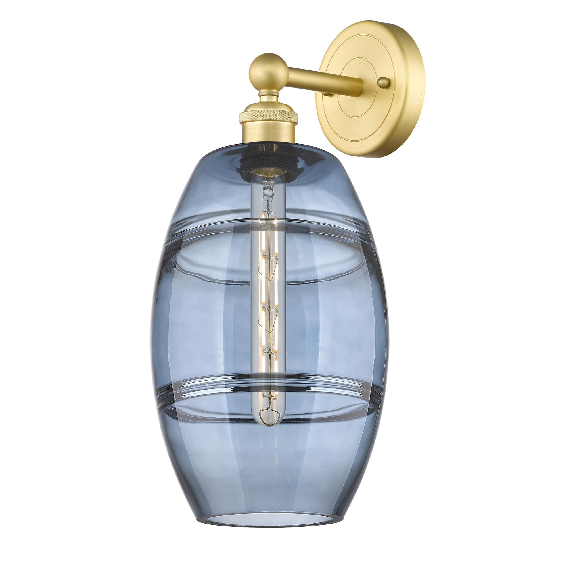 Shown in Satin Gold finish and Princess Blue glass