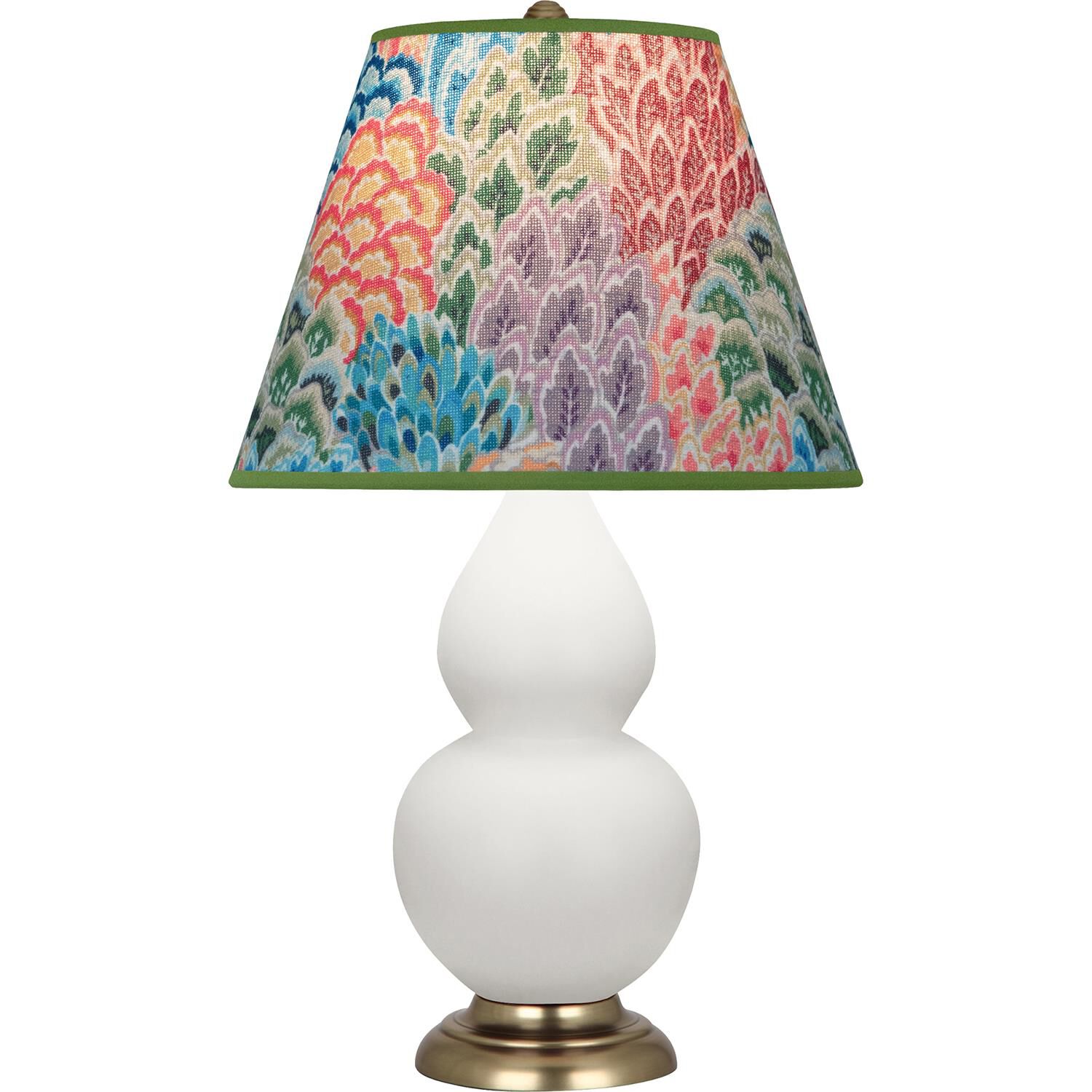Shown in Matte Lily finish and Multicolor shade and Antique Natural Brass accent