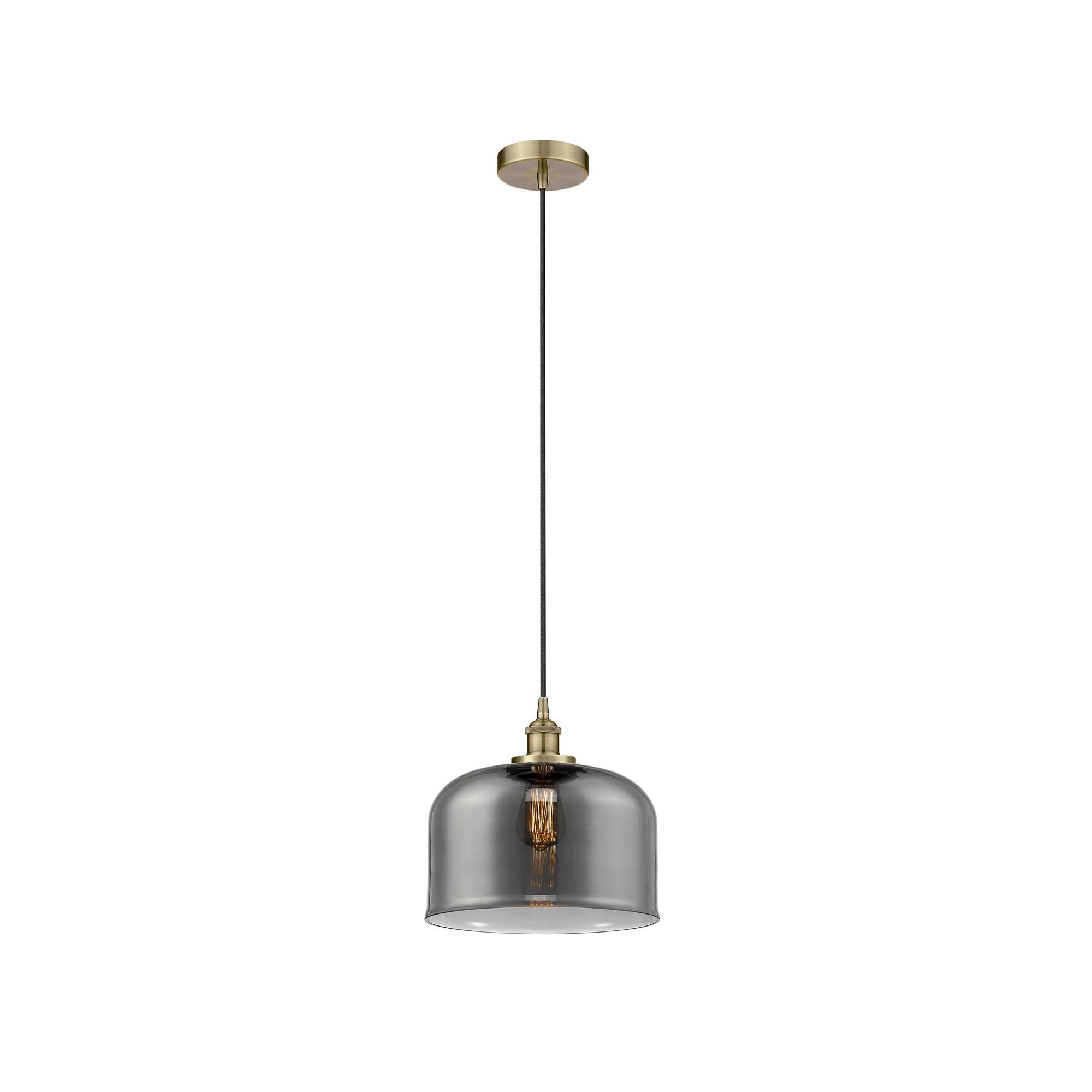 Shown in Antique Brass finish and Plated Smoke X-Large Bell glass