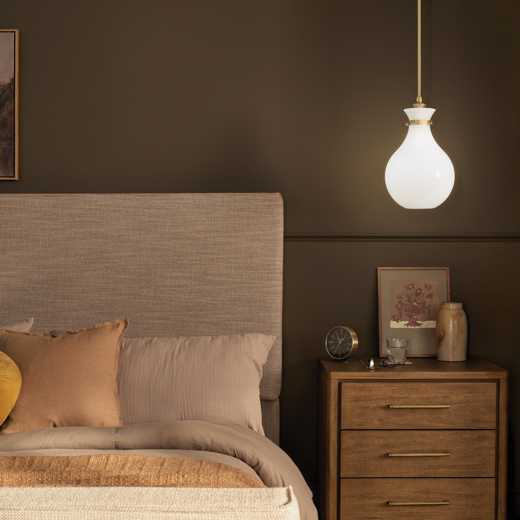 Shown in Champagne Bronze finish and Opal glass