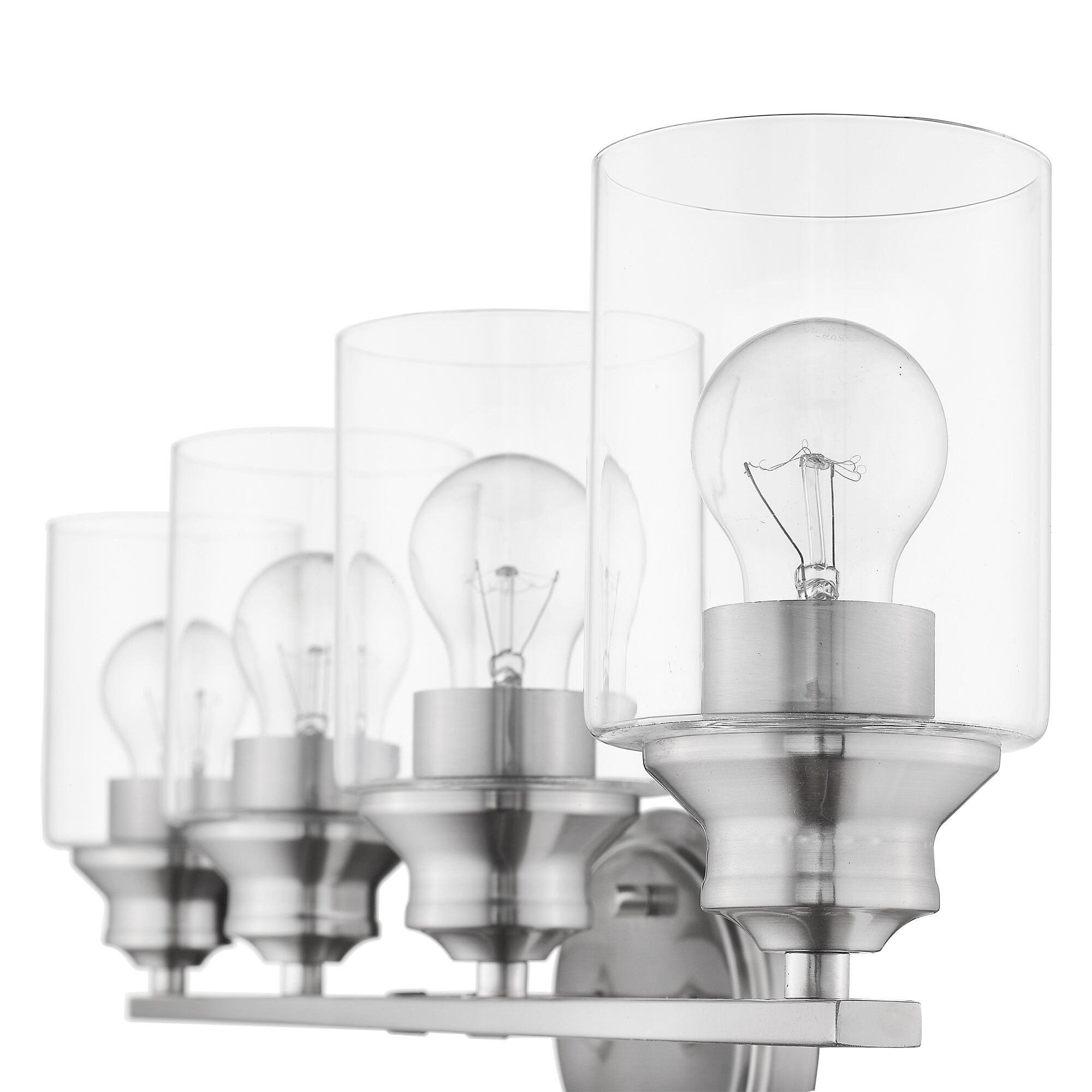Shown in Satin Nickel finish and Clear glass and Clear, Cylindrical Glass s shade
