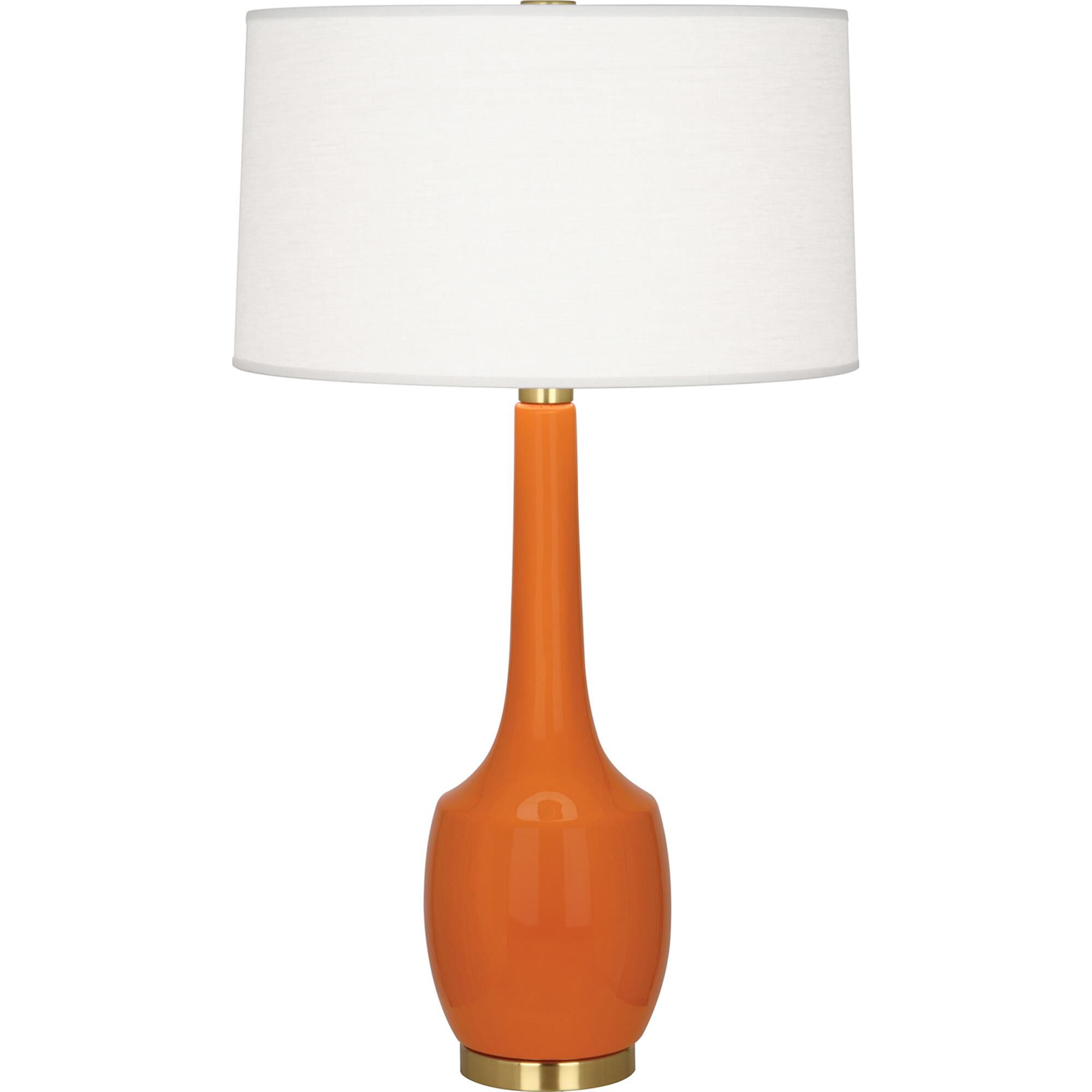 Shown in Pumpkin Glazed Ceramic finish and Oyster Linen With Self-Fabric Top And Bottom Diffuser shade